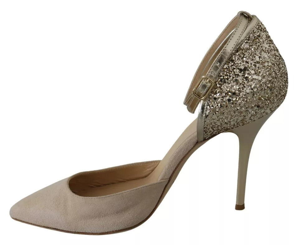 Elisabetta Franchi Gold Sequin and Beige Suede Ankle Strap Stiletto Pump LUNESCAPE