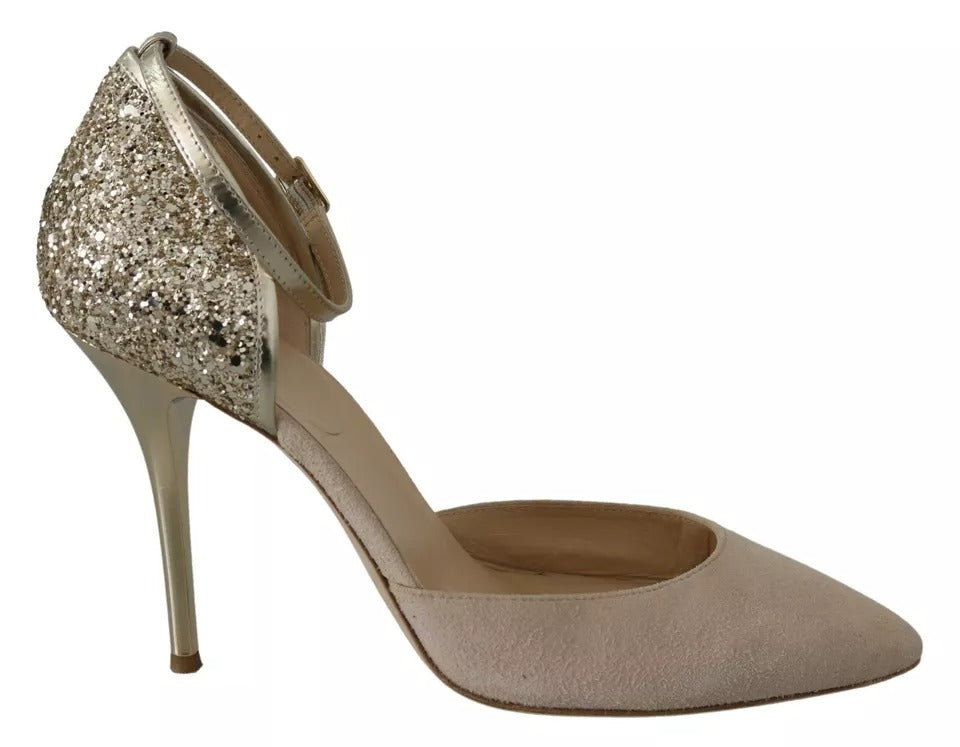 Elisabetta Franchi Gold Sequin and Beige Suede Ankle Strap Stiletto Pump LUNESCAPE