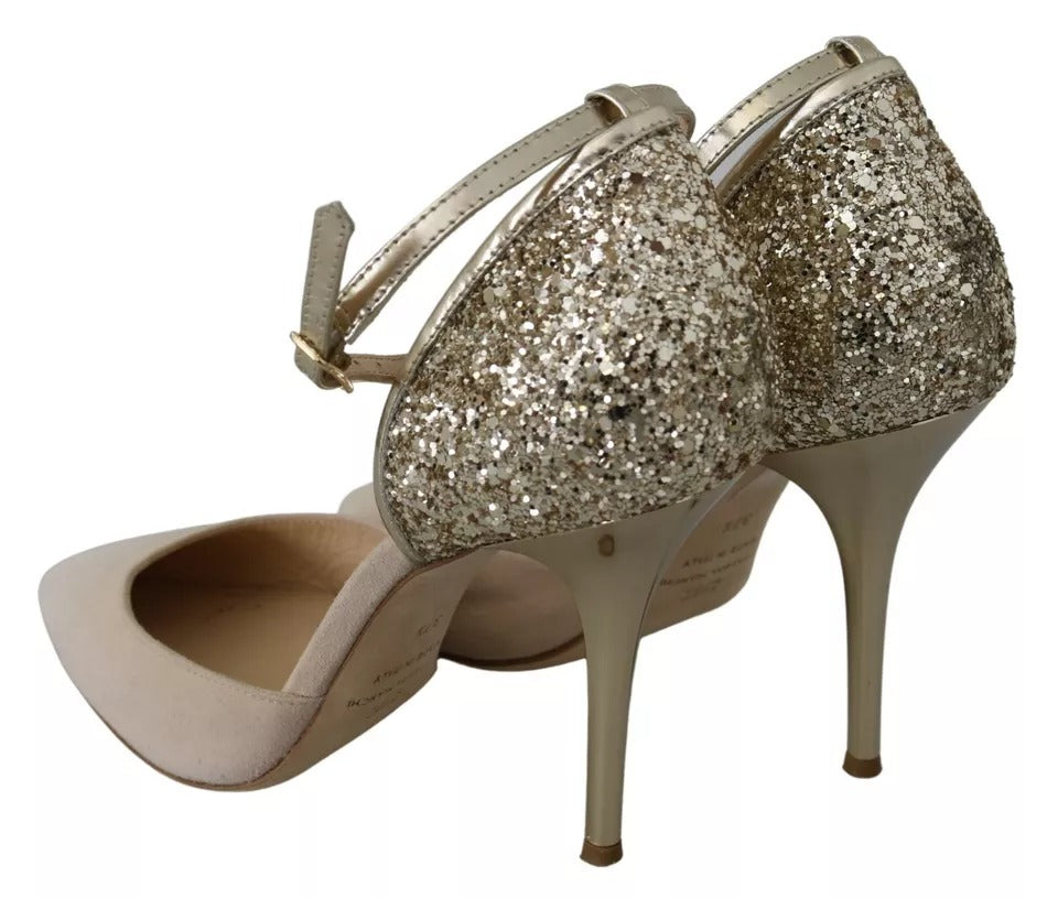 Elisabetta Franchi Gold Sequin and Beige Suede Ankle Strap Stiletto Pump LUNESCAPE