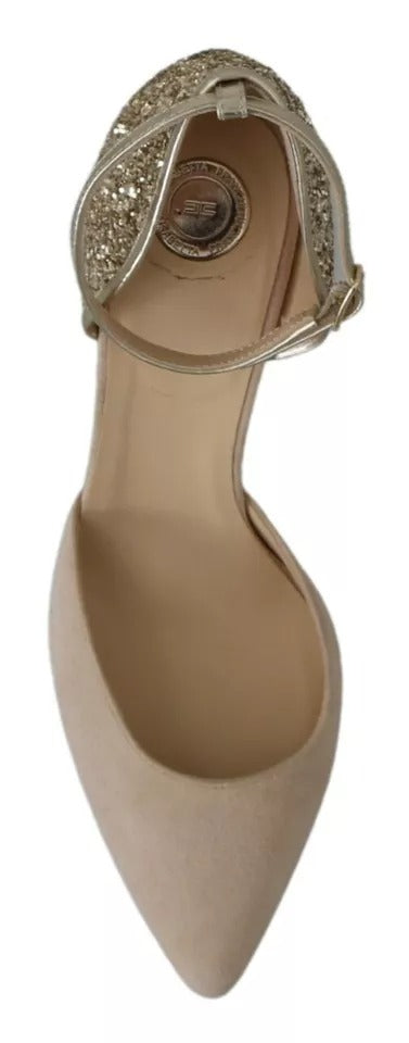 Elisabetta Franchi Gold Sequin and Beige Suede Ankle Strap Stiletto Pump LUNESCAPE