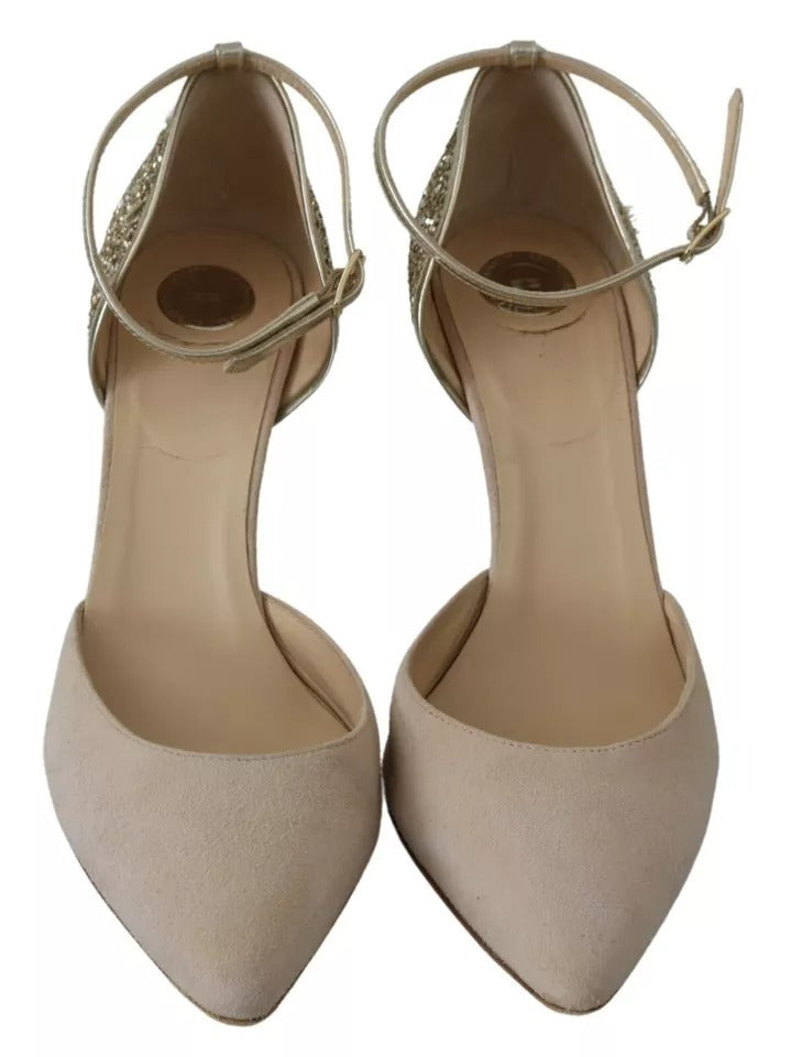 Elisabetta Franchi Gold Sequin and Beige Suede Ankle Strap Stiletto Pump LUNESCAPE
