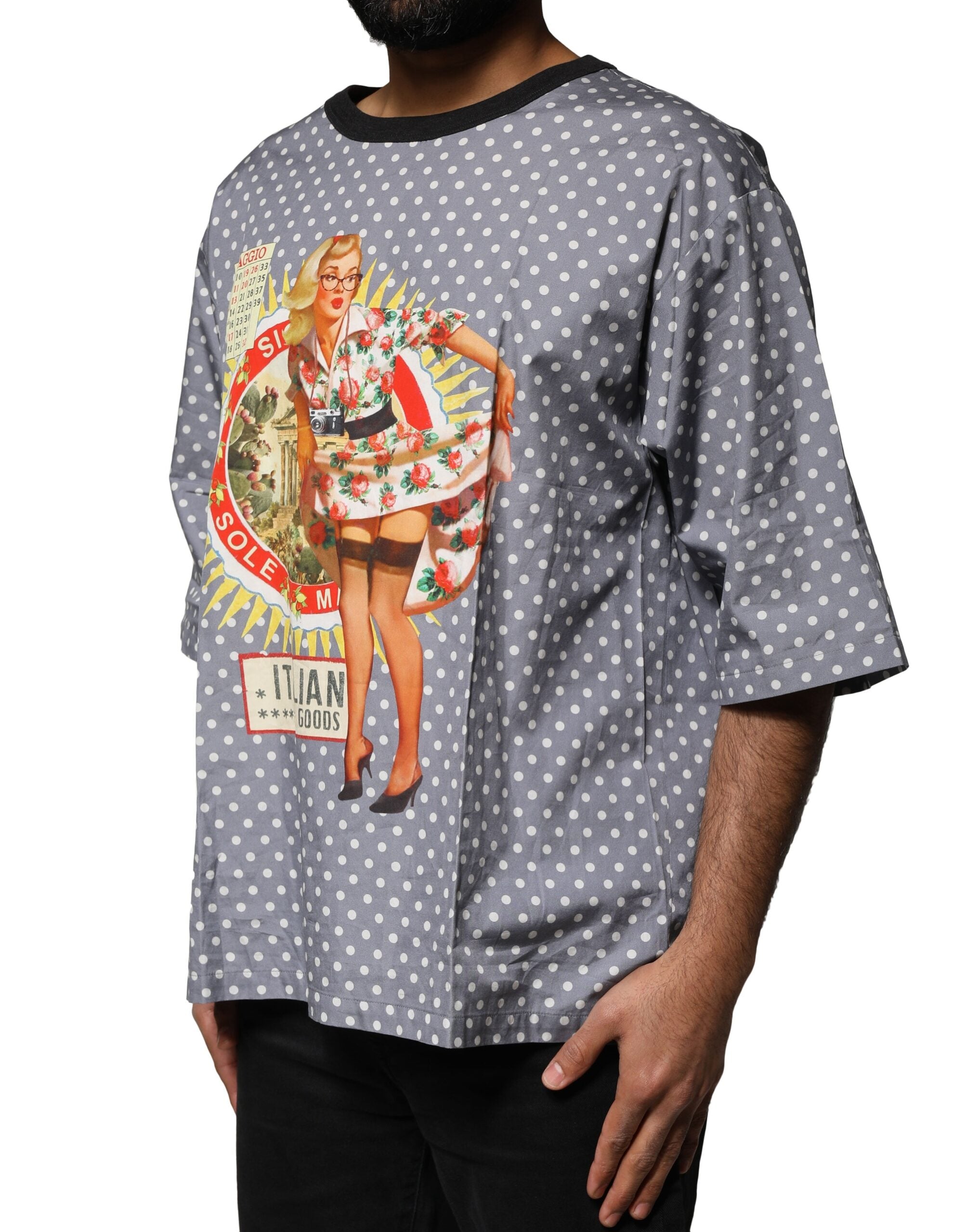 Dolce & Gabbana Gray Polka Dot Pin-Up Print Crew Neck T-shirt