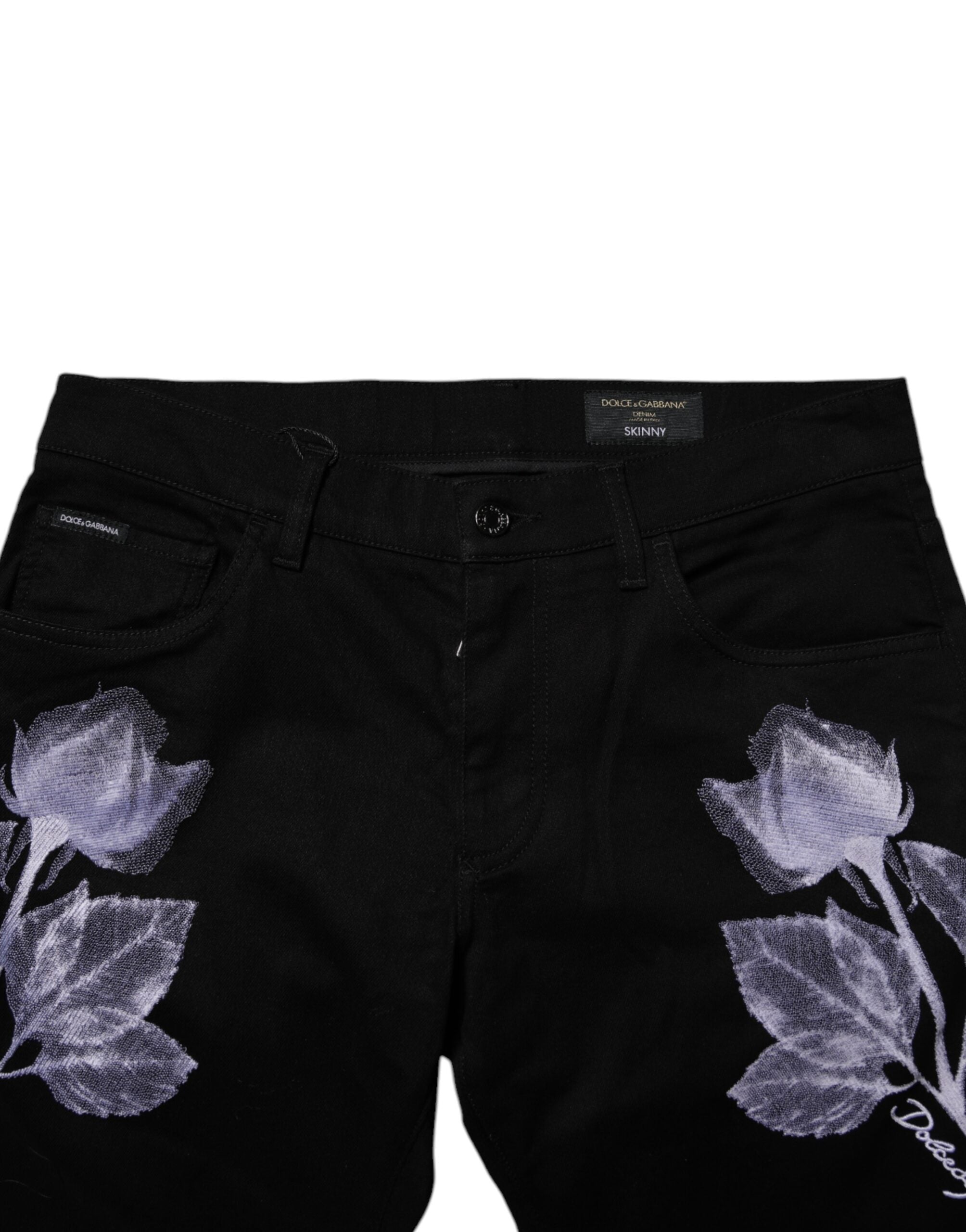 Dolce & Gabbana Black Floral Cotton Skinny Men Denim Jeans