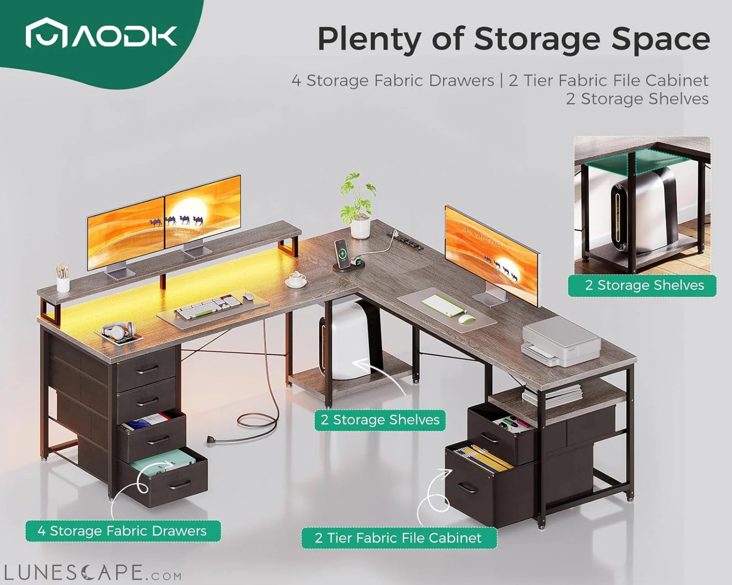 66" L Shaped Desk, 113" Computer Desk with File Cabinet & 4 Fabric LUNESCAPE