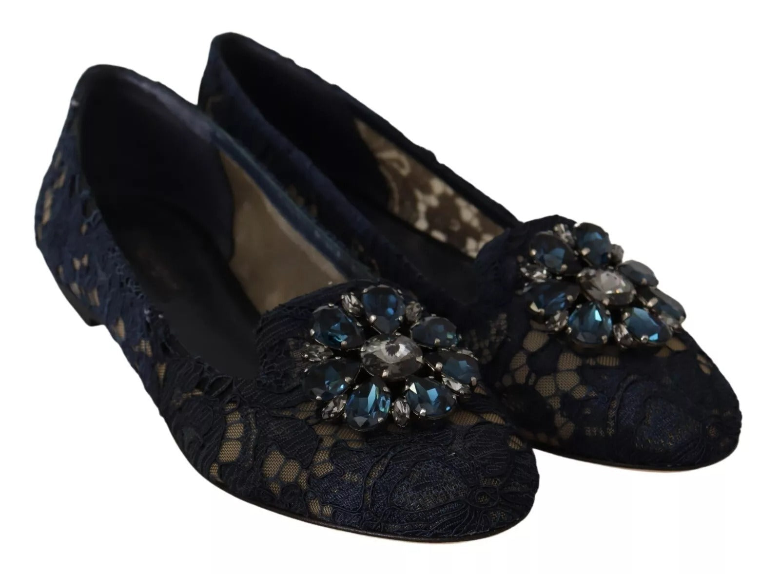 Dolce & Gabbana Blue Crystal Loafer Lace Ballet Flats Shoes LUNESCAPE