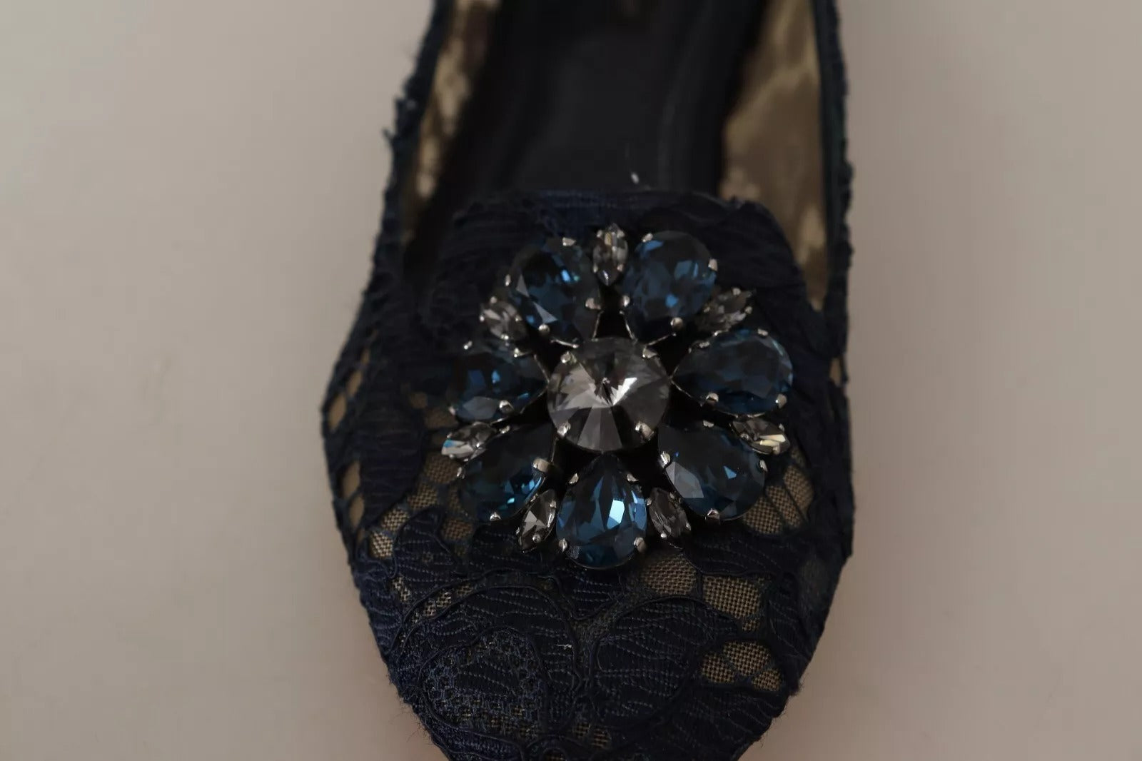 Dolce & Gabbana Blue Crystal Loafer Lace Ballet Flats Shoes LUNESCAPE