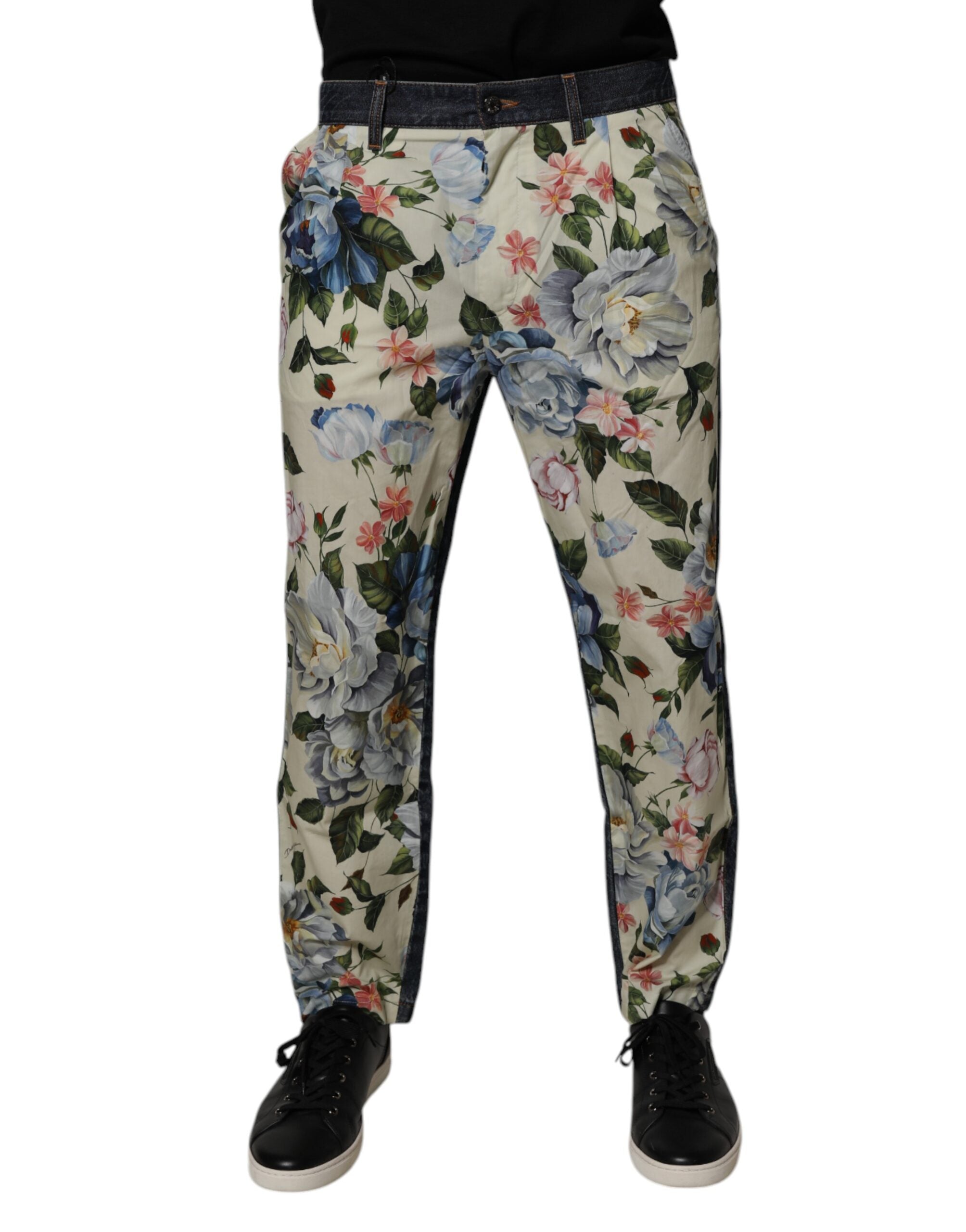 Dolce & Gabbana Beige Blue Floral Cotton Men Denim Jeans LUNESCAPE