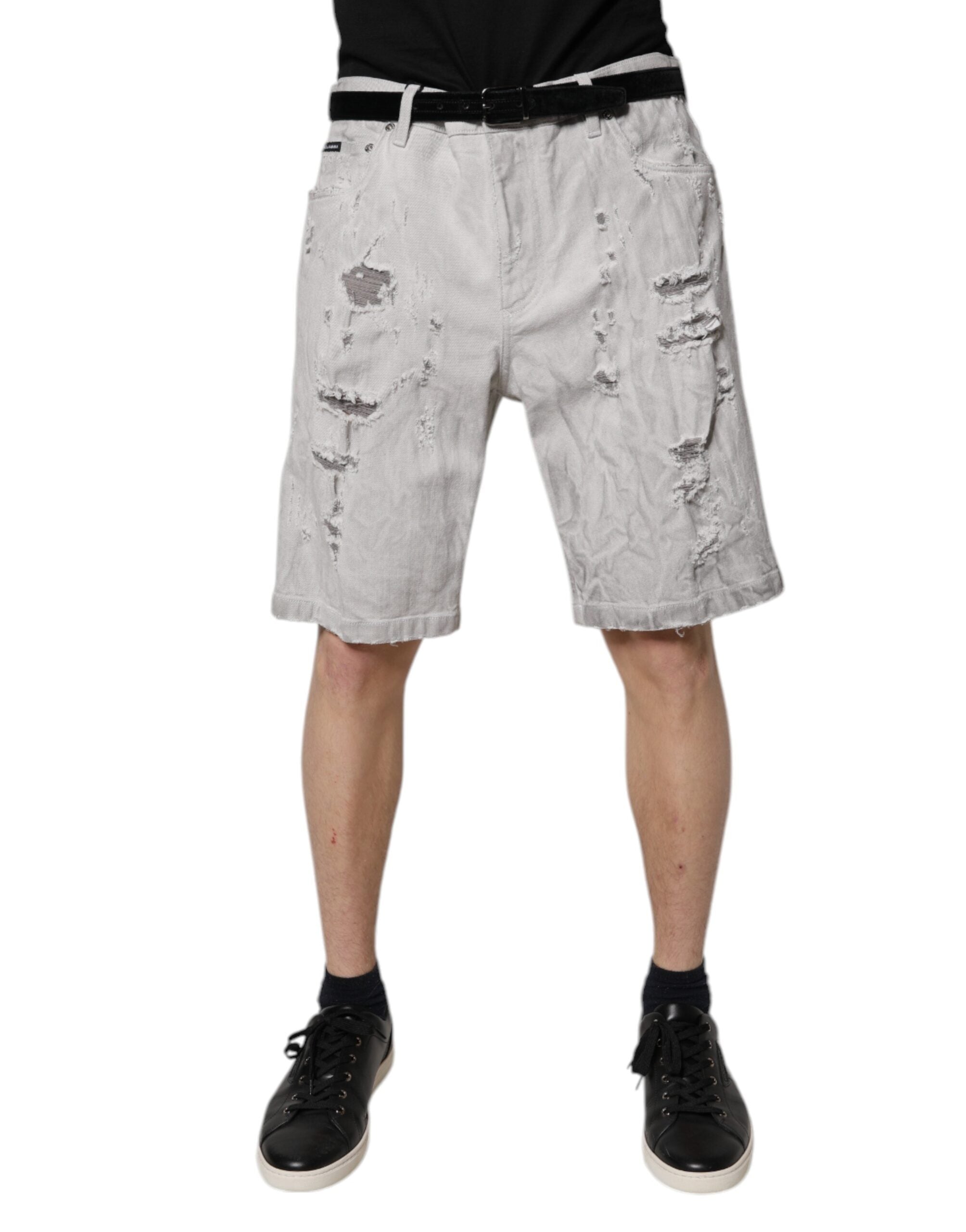 Dolce & Gabbana Light Gray Tattered Men Denim Bermuda Shorts LUNESCAPE