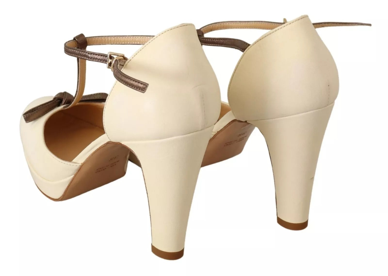 SERGIO LEVANTESI Beige T-Strap Block Heel T-Strap Leather Pumps LUNESCAPE