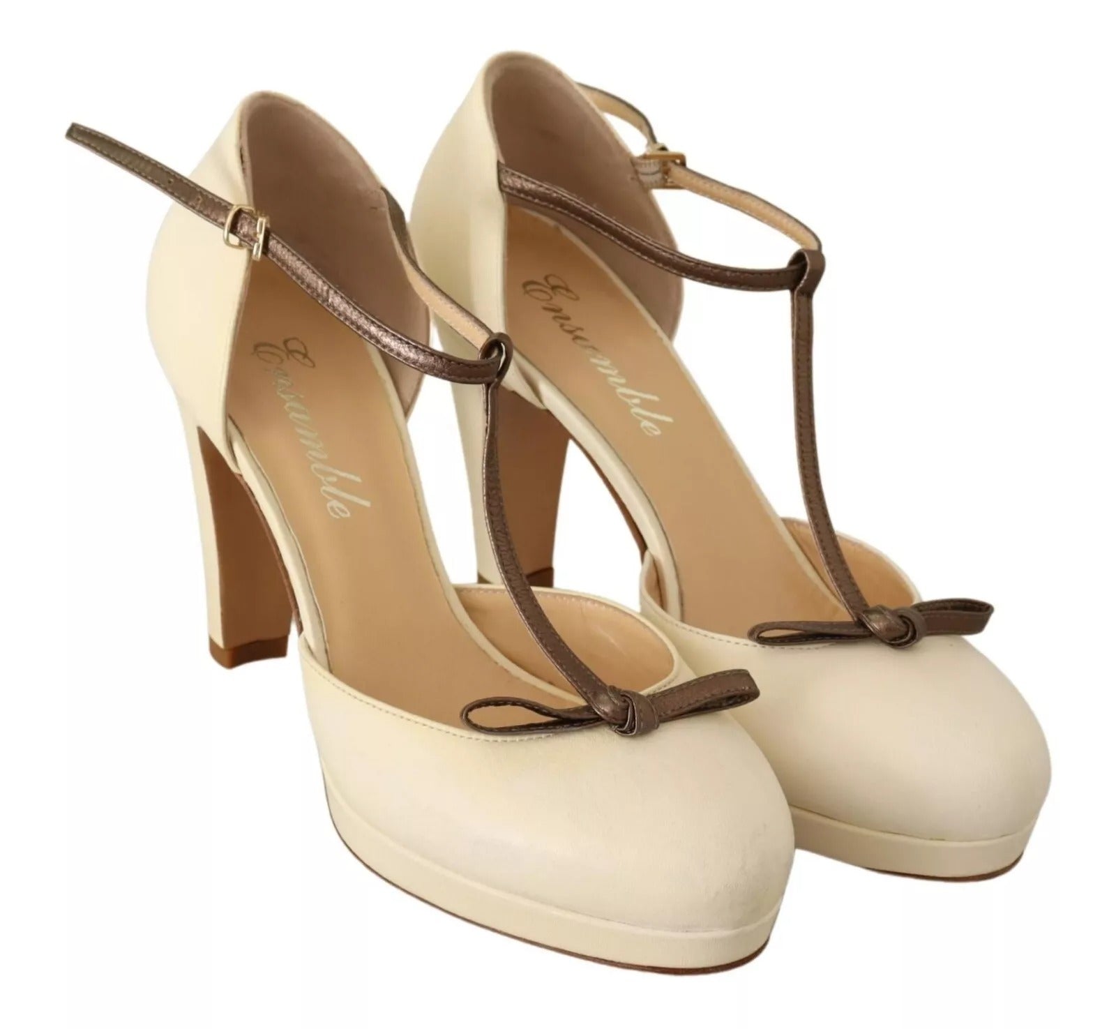 SERGIO LEVANTESI Beige T-Strap Block Heel T-Strap Leather Pumps LUNESCAPE
