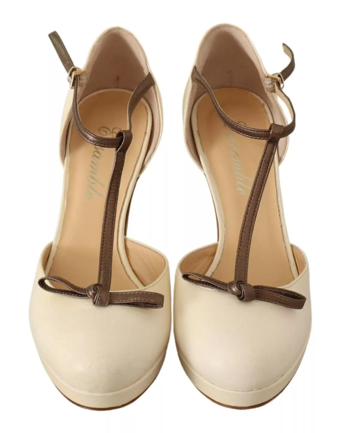 SERGIO LEVANTESI Beige T-Strap Block Heel T-Strap Leather Pumps LUNESCAPE