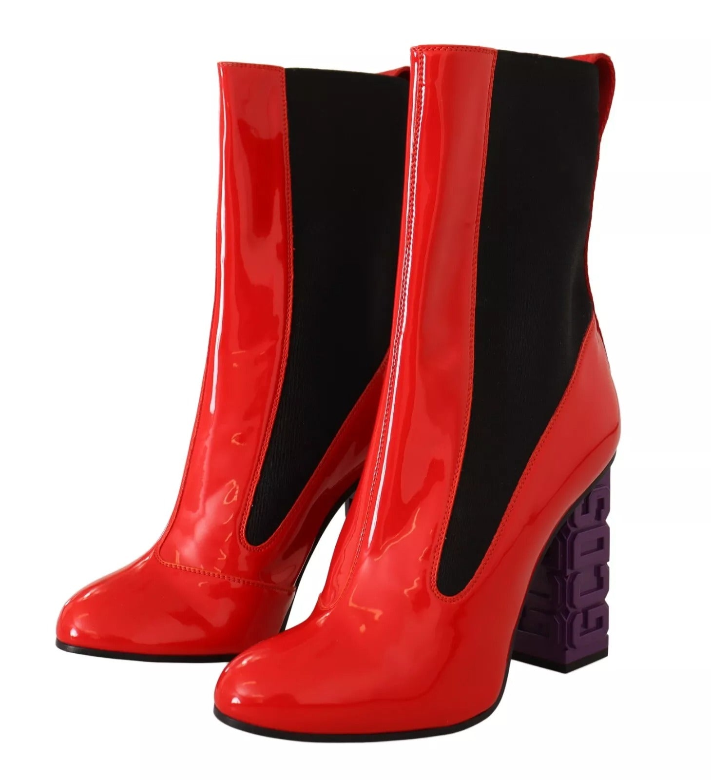 GCDS Red Leather Black Fabric Logo Heel Ankle Boots Shoes LUNESCAPE