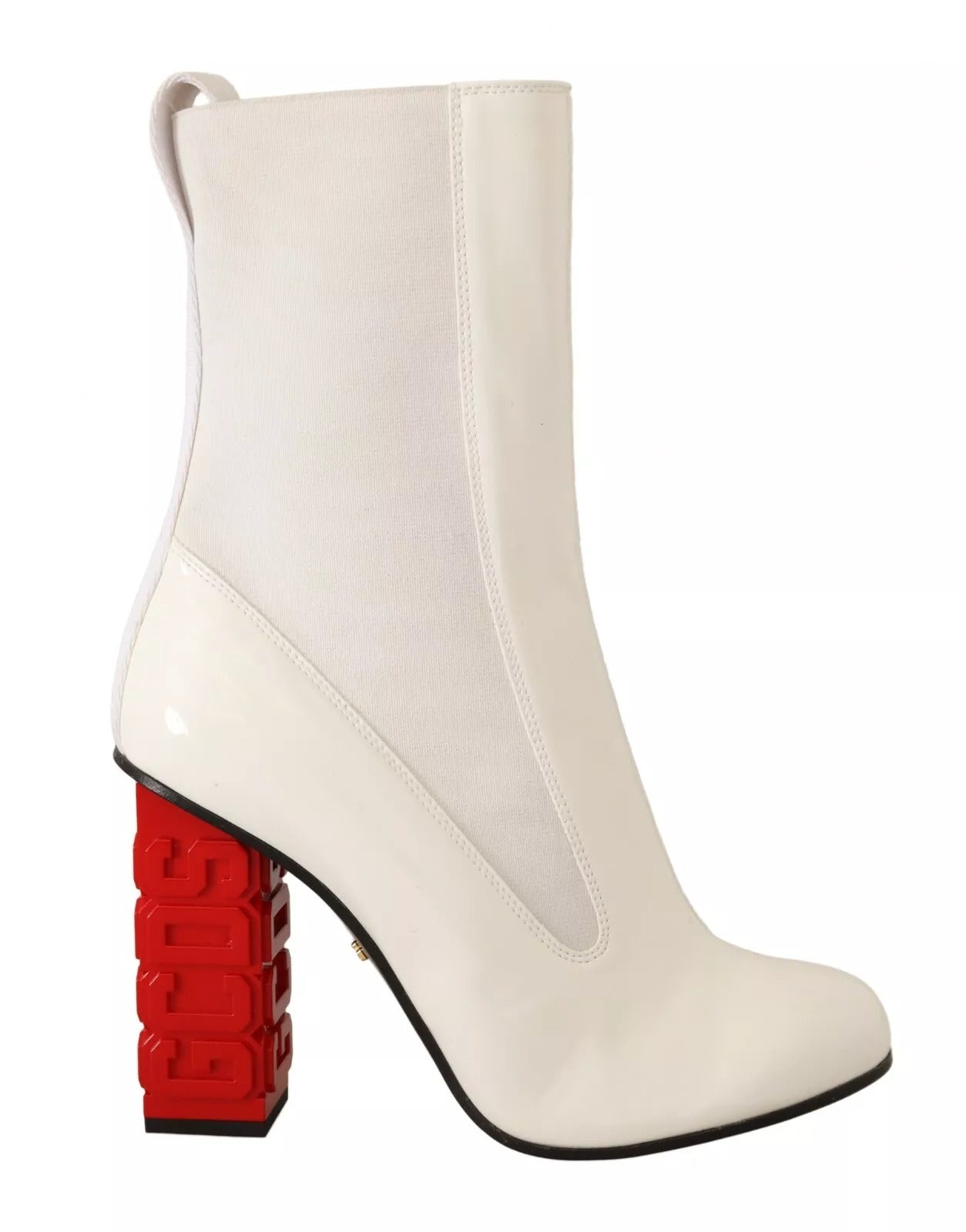 GCDS White Leather Fabric Red Logo Heel Ankle Boots Shoes LUNESCAPE