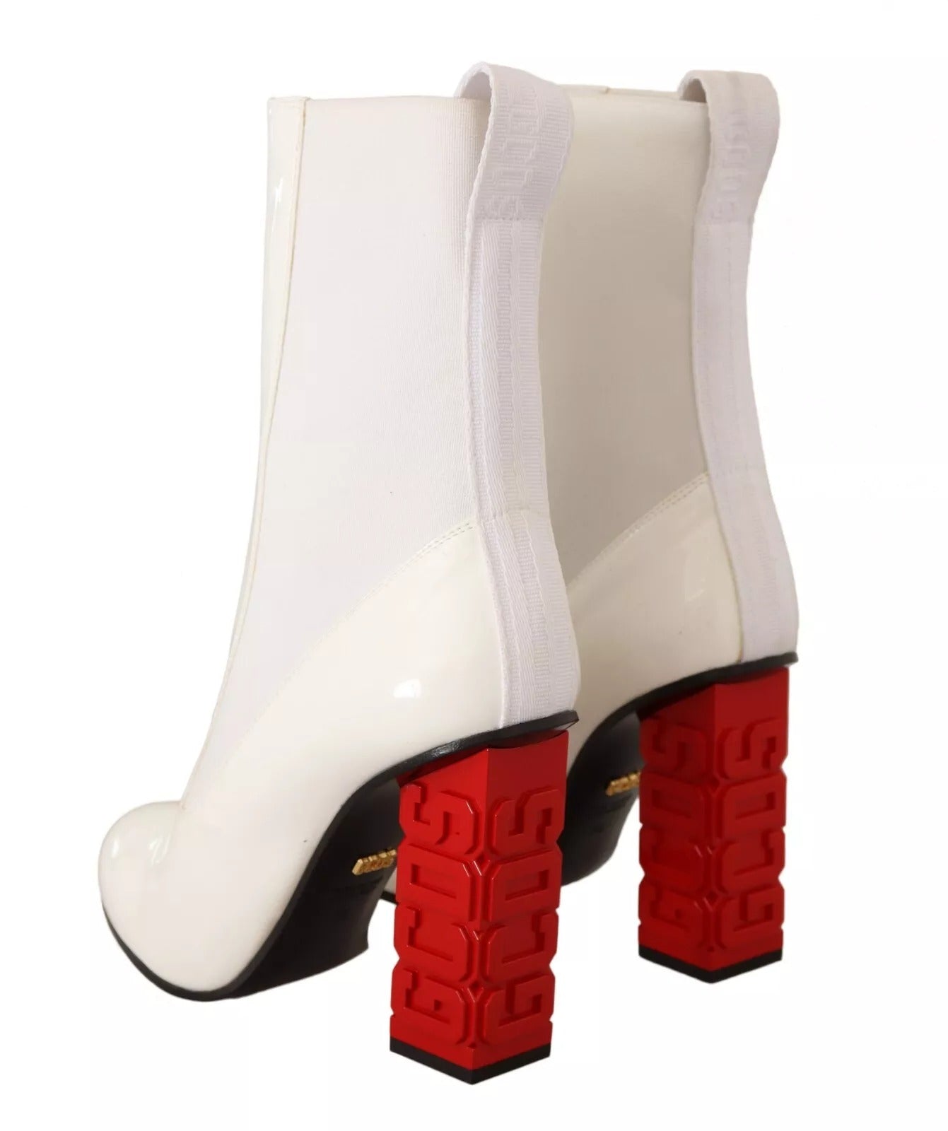 GCDS White Leather Fabric Red Logo Heel Ankle Boots Shoes LUNESCAPE