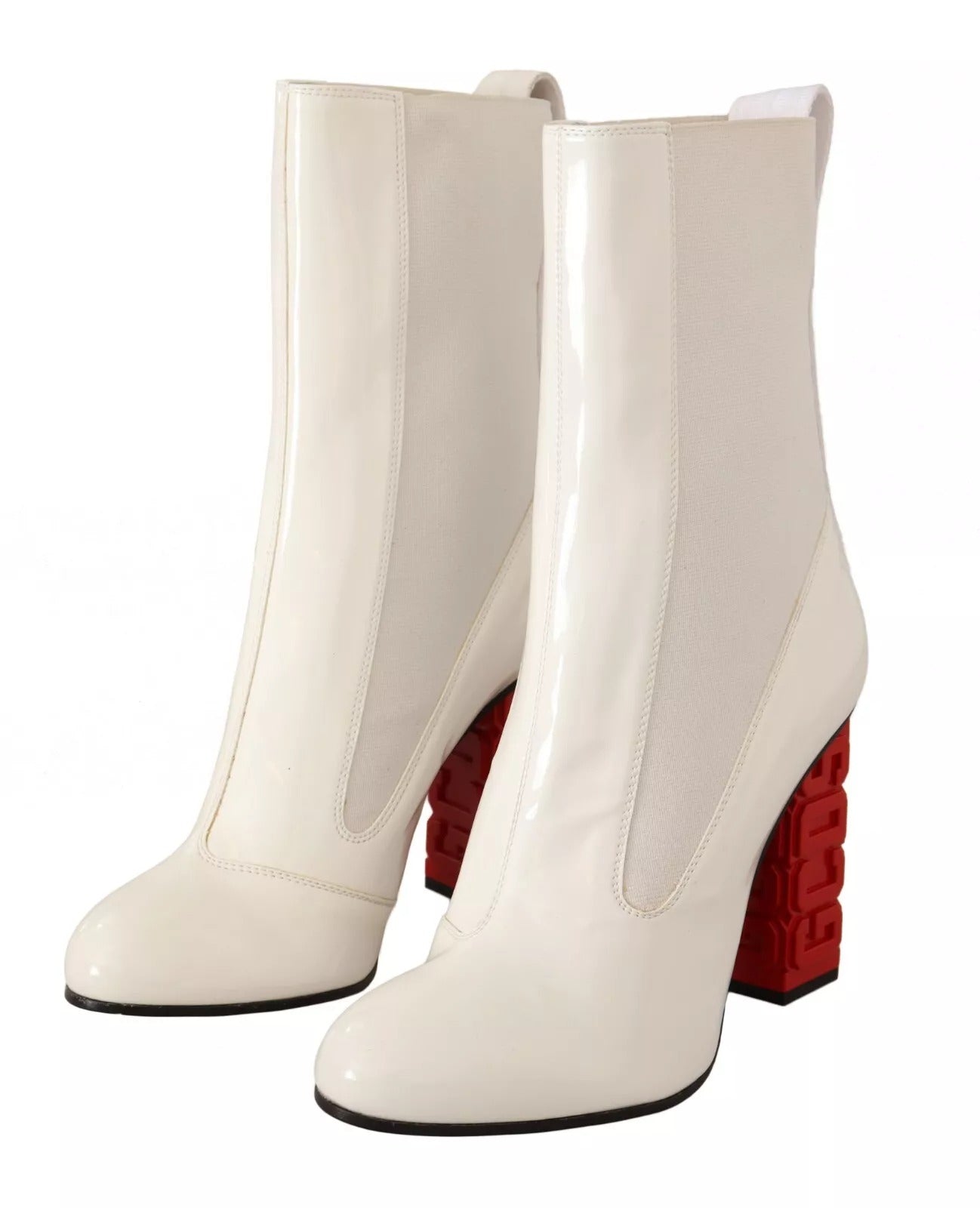 GCDS White Leather Fabric Red Logo Heel Ankle Boots Shoes LUNESCAPE