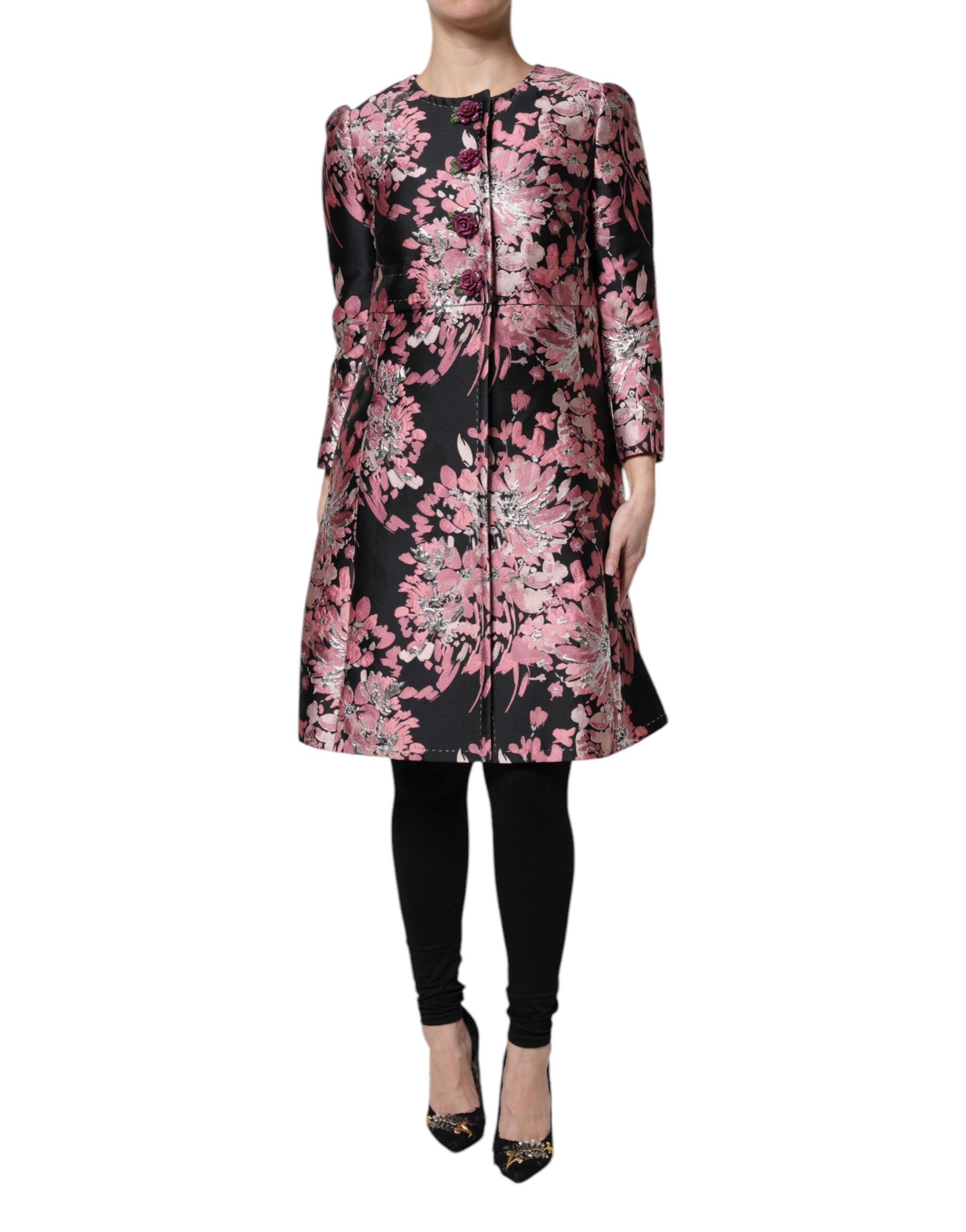 Dolce & Gabbana Pink Black Floral Brocade Trenchcoat Jacket LUNESCAPE