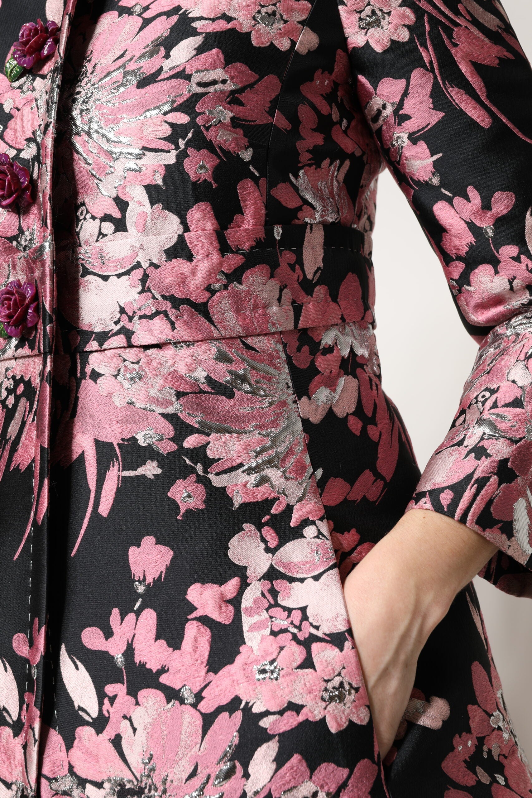 Dolce & Gabbana Pink Black Floral Brocade Trenchcoat Jacket LUNESCAPE