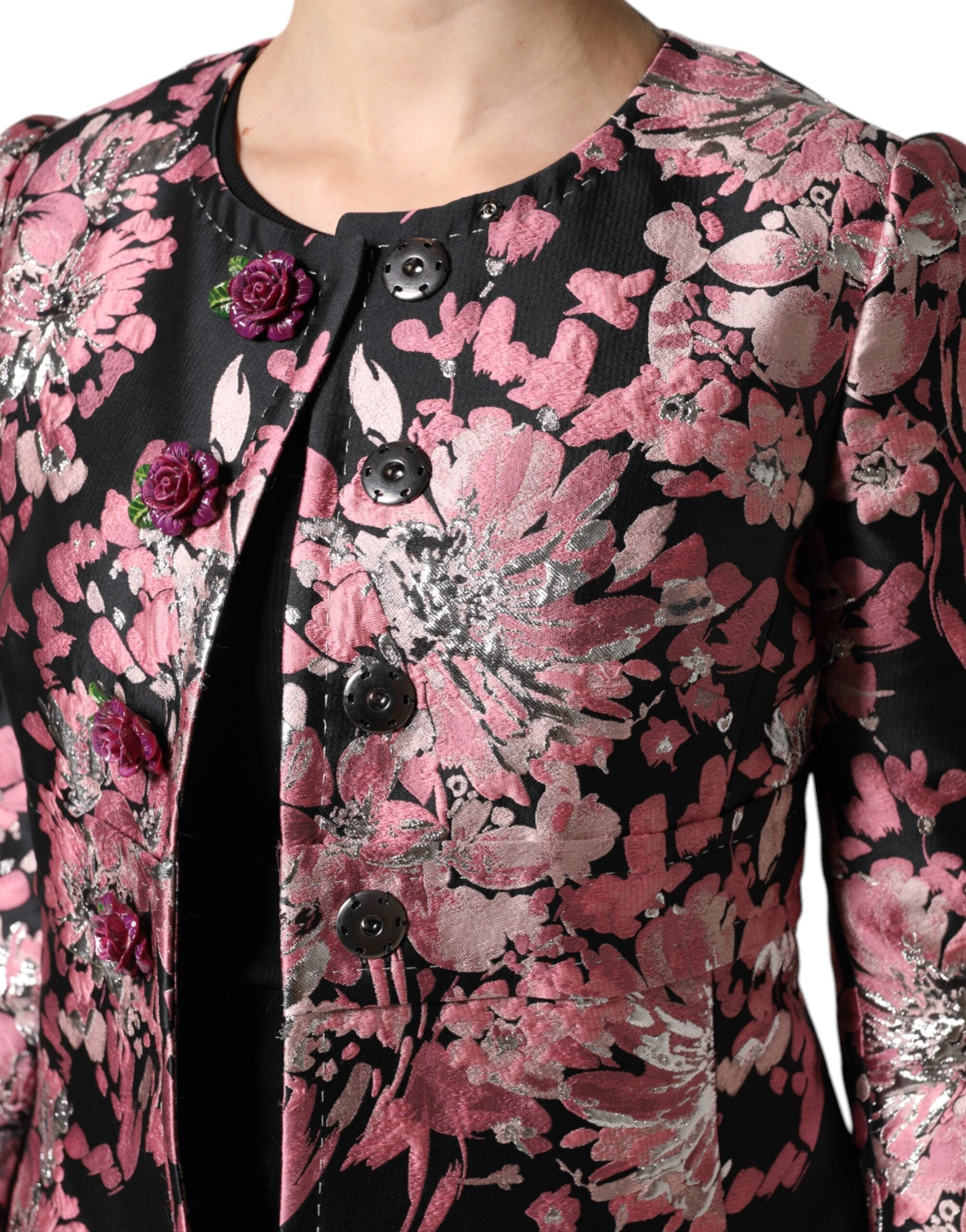 Dolce & Gabbana Pink Black Floral Brocade Trenchcoat Jacket LUNESCAPE