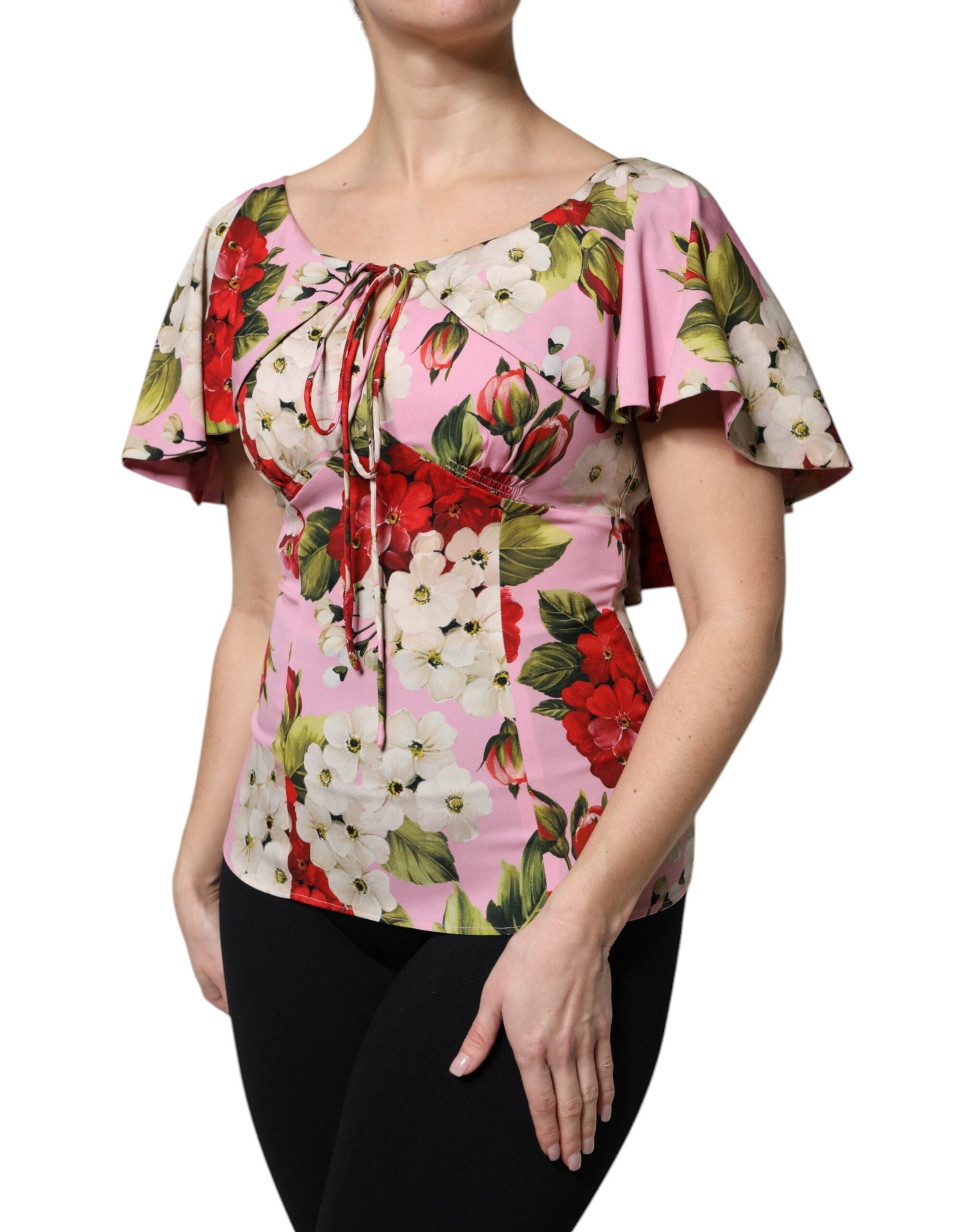 Dolce & Gabbana Pink Floral Silk Flutter Sleeves Poet Blouse LUNESCAPE
