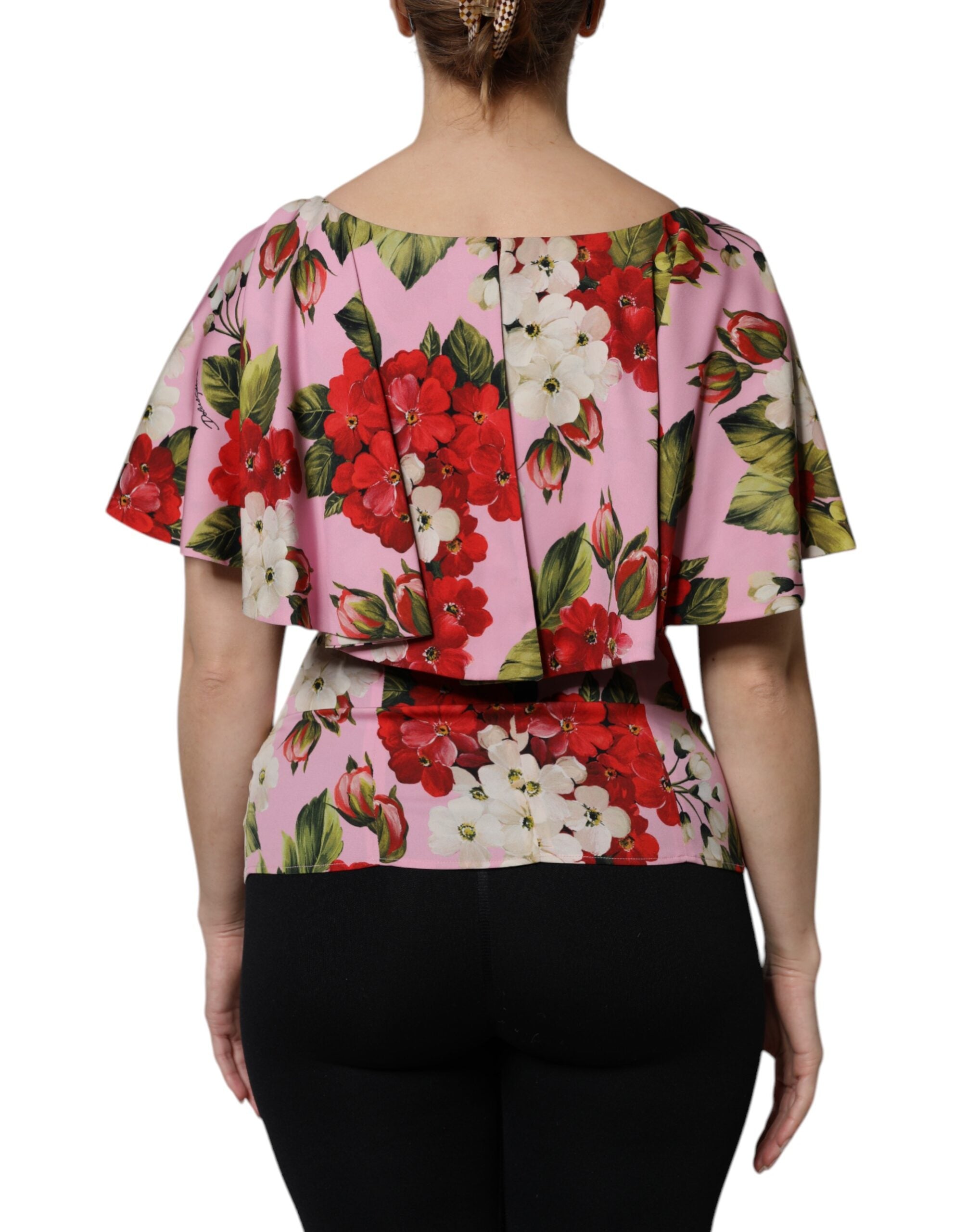 Dolce & Gabbana Pink Floral Silk Flutter Sleeves Poet Blouse LUNESCAPE