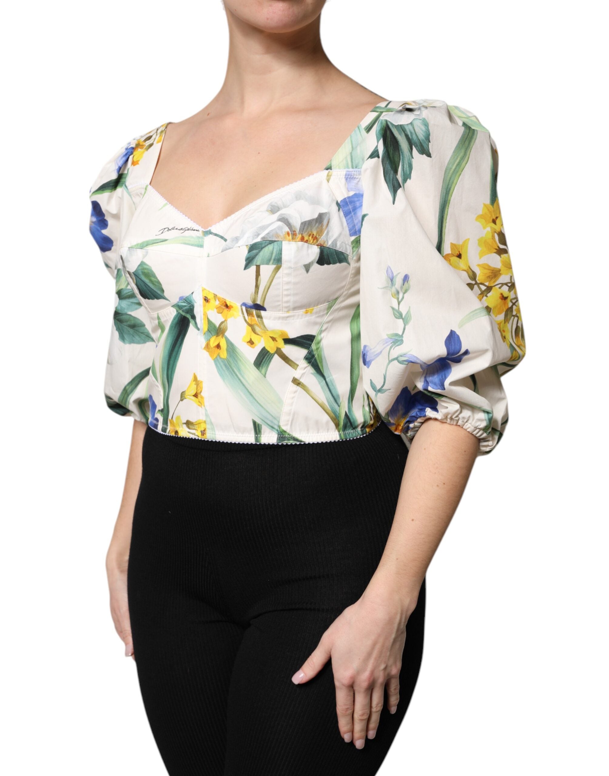 Dolce & Gabbana White Floral Puff Sleeves Crop Blouse Top LUNESCAPE