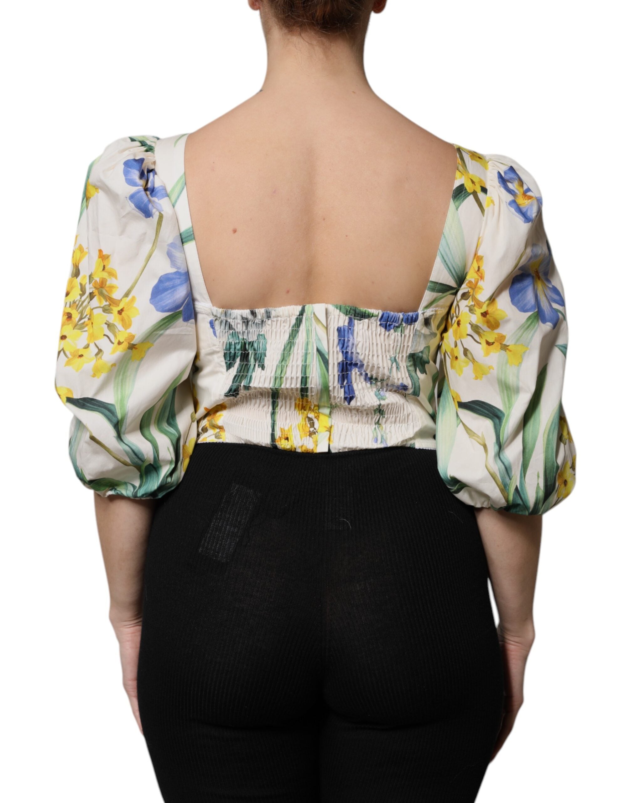 Dolce & Gabbana White Floral Puff Sleeves Crop Blouse Top LUNESCAPE