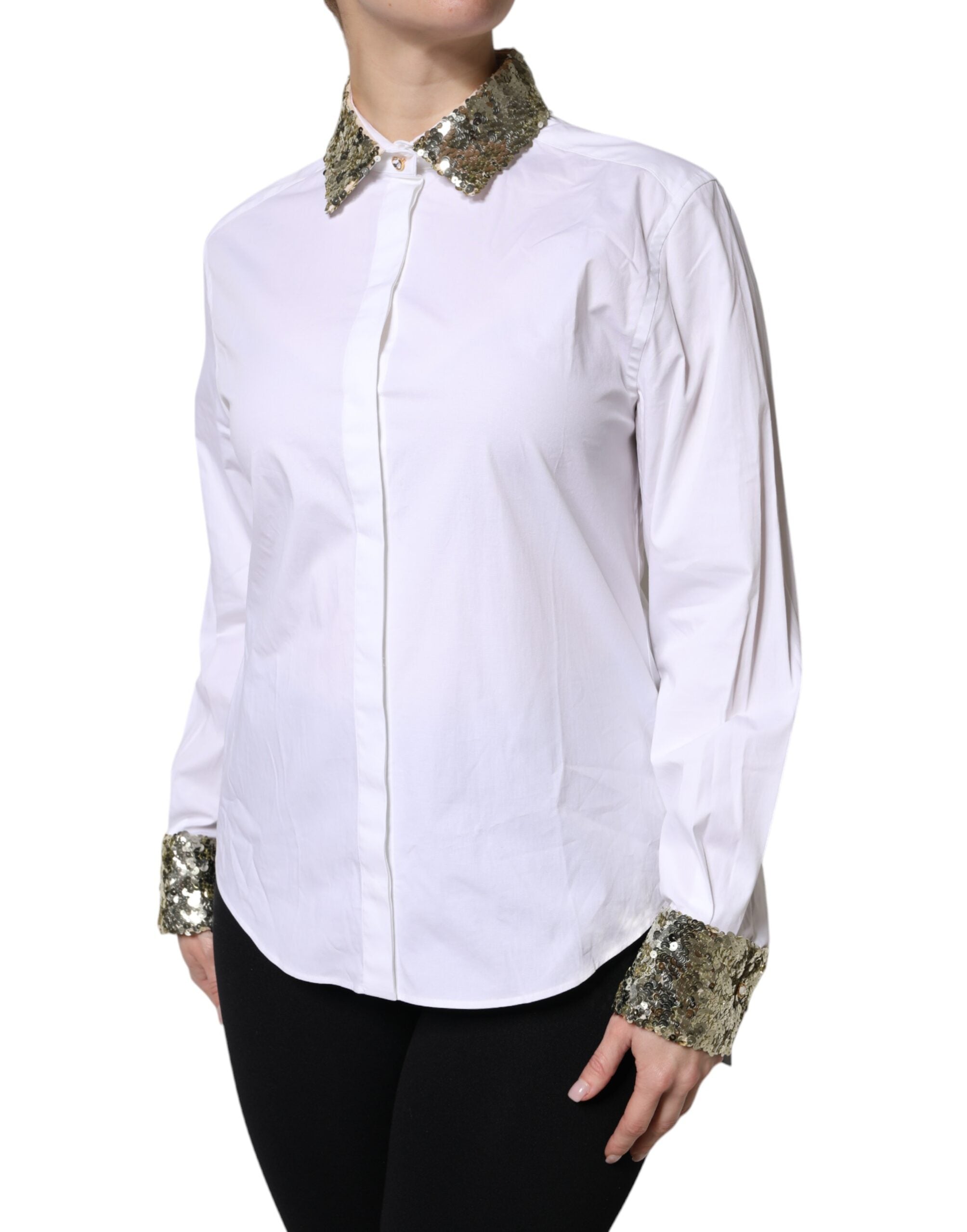 Dolce & Gabbana White Cotton Long Sleeves Sequin Shirt Top LUNESCAPE
