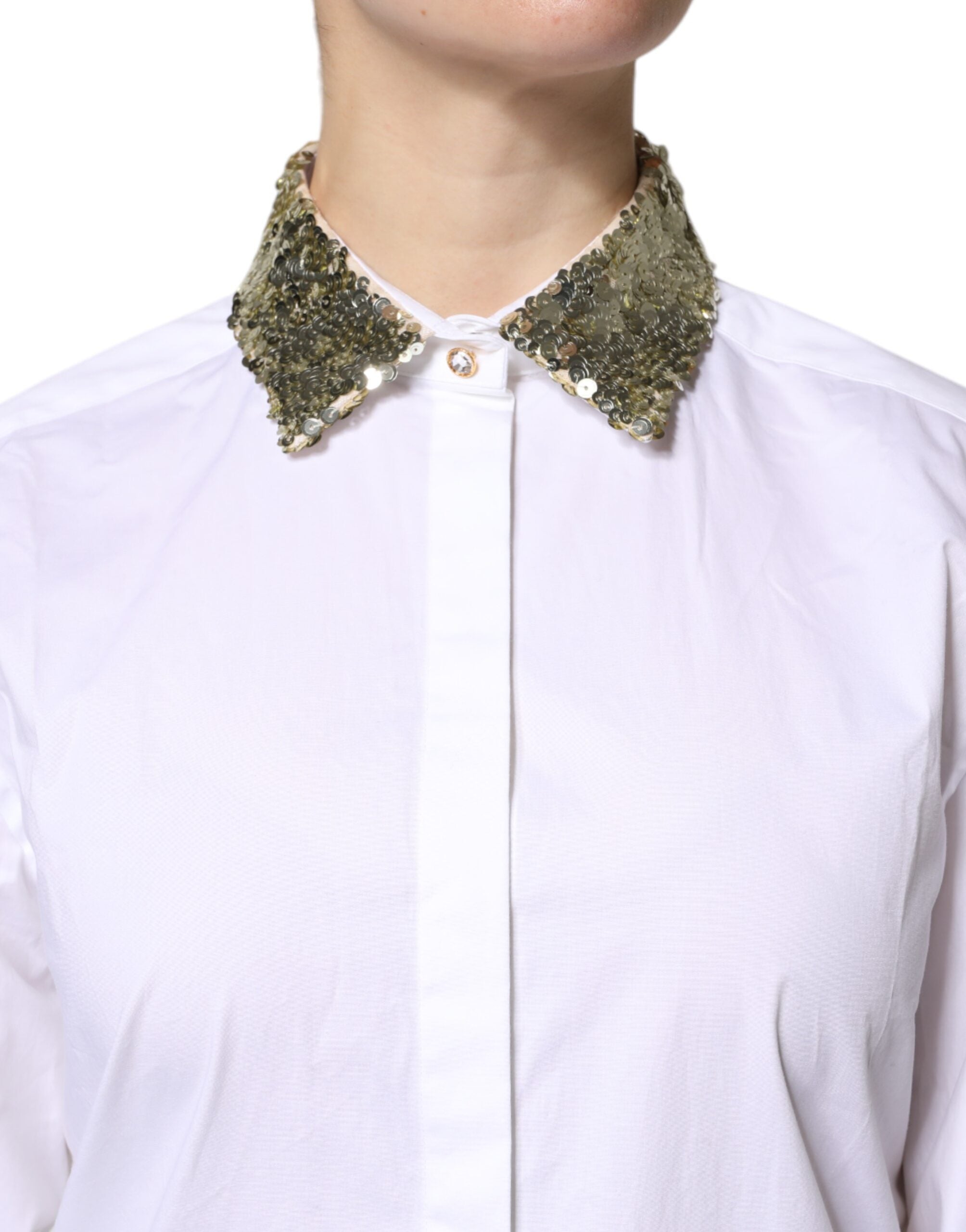 Dolce & Gabbana White Cotton Long Sleeves Sequin Shirt Top LUNESCAPE