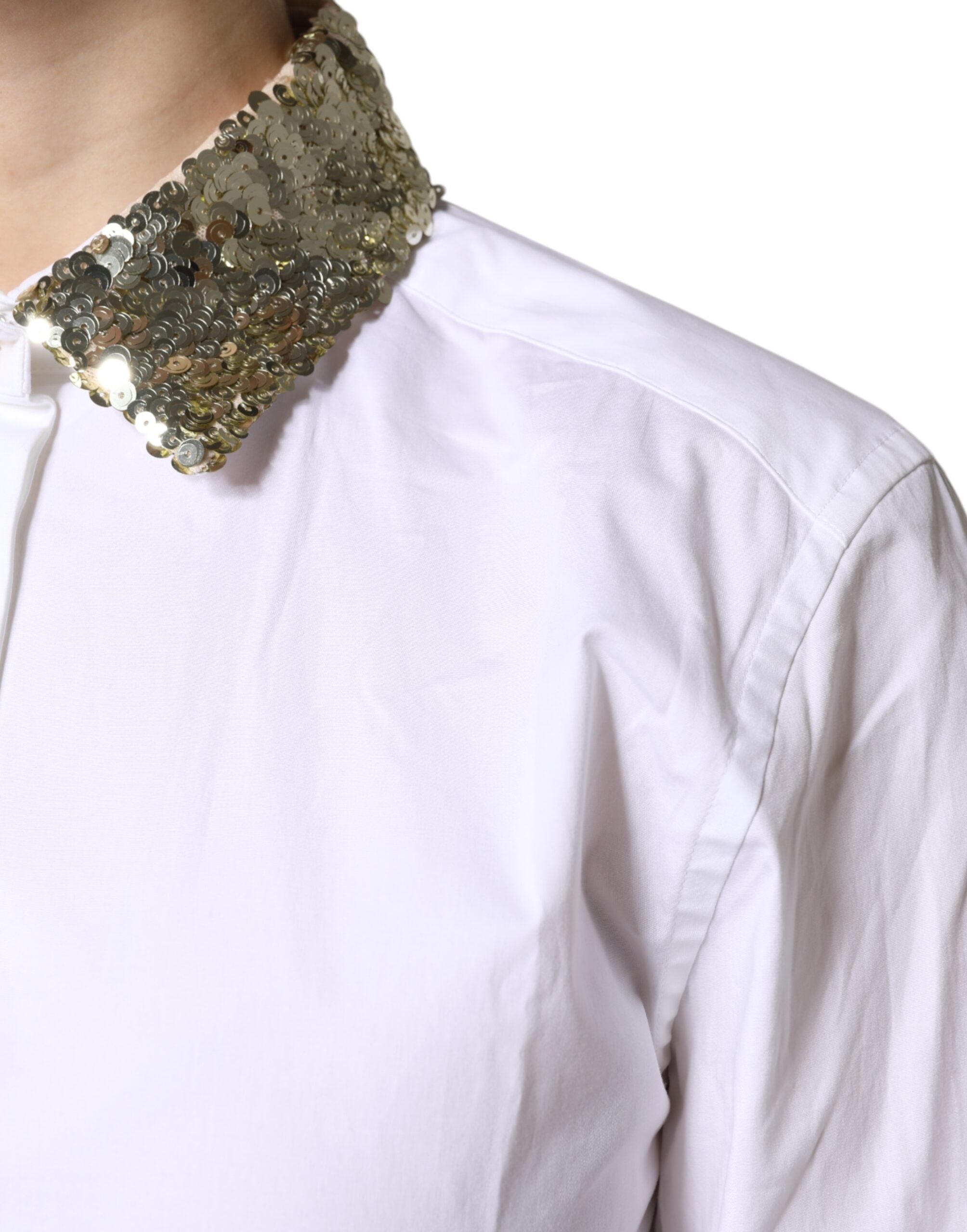 Dolce & Gabbana White Cotton Long Sleeves Sequin Shirt Top LUNESCAPE