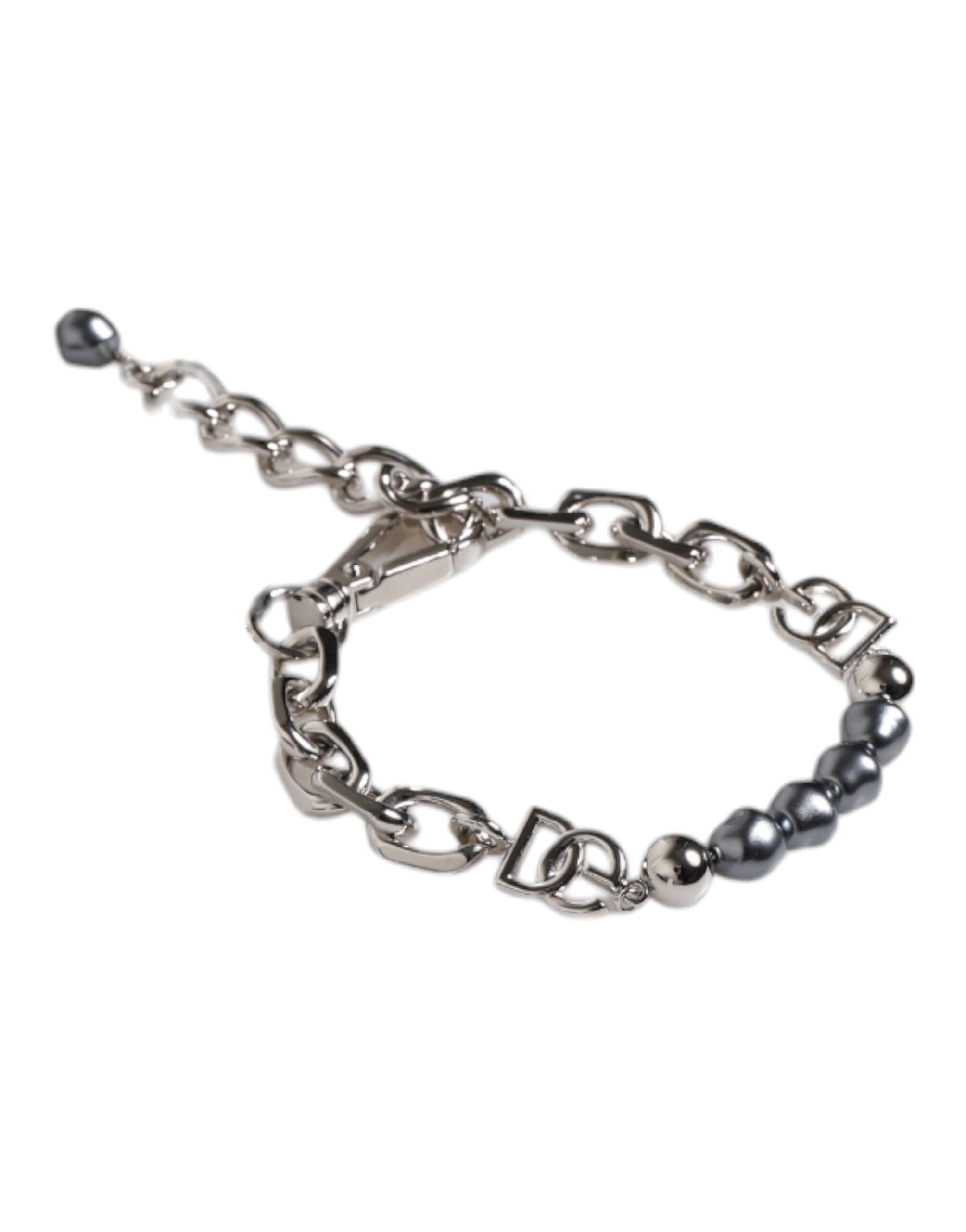Dolce & Gabbana Silver Tone Chain Lobster Clasp Logo Gray Pearls Bracelet LUNESCAPE
