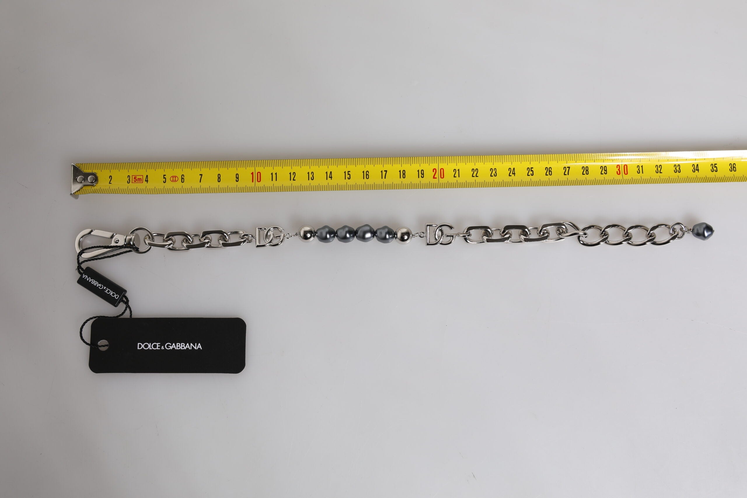 Dolce & Gabbana Silver Tone Chain Lobster Clasp Logo Gray Pearls Bracelet LUNESCAPE