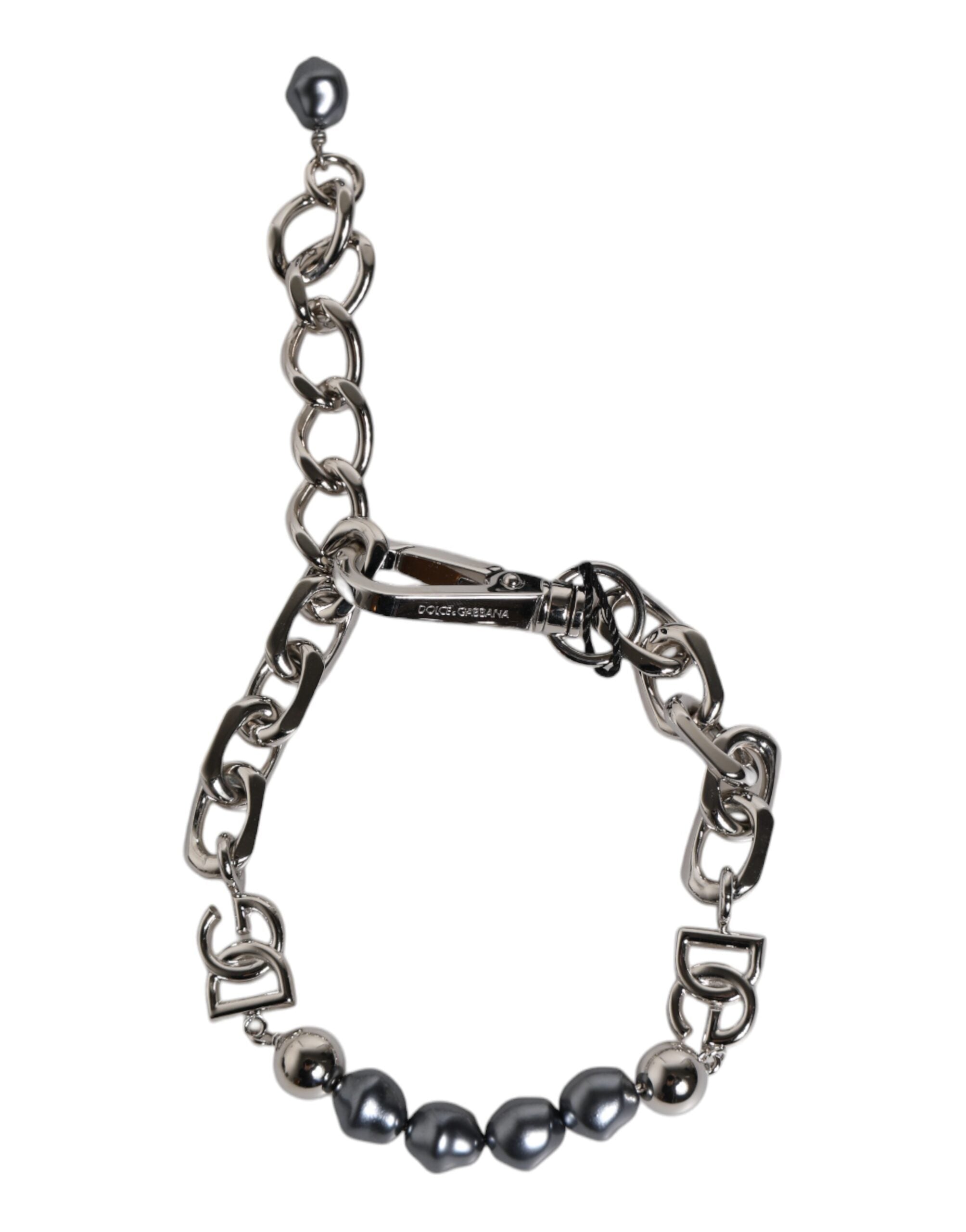 Dolce & Gabbana Silver Tone Chain Lobster Clasp Logo Gray Pearls Bracelet LUNESCAPE
