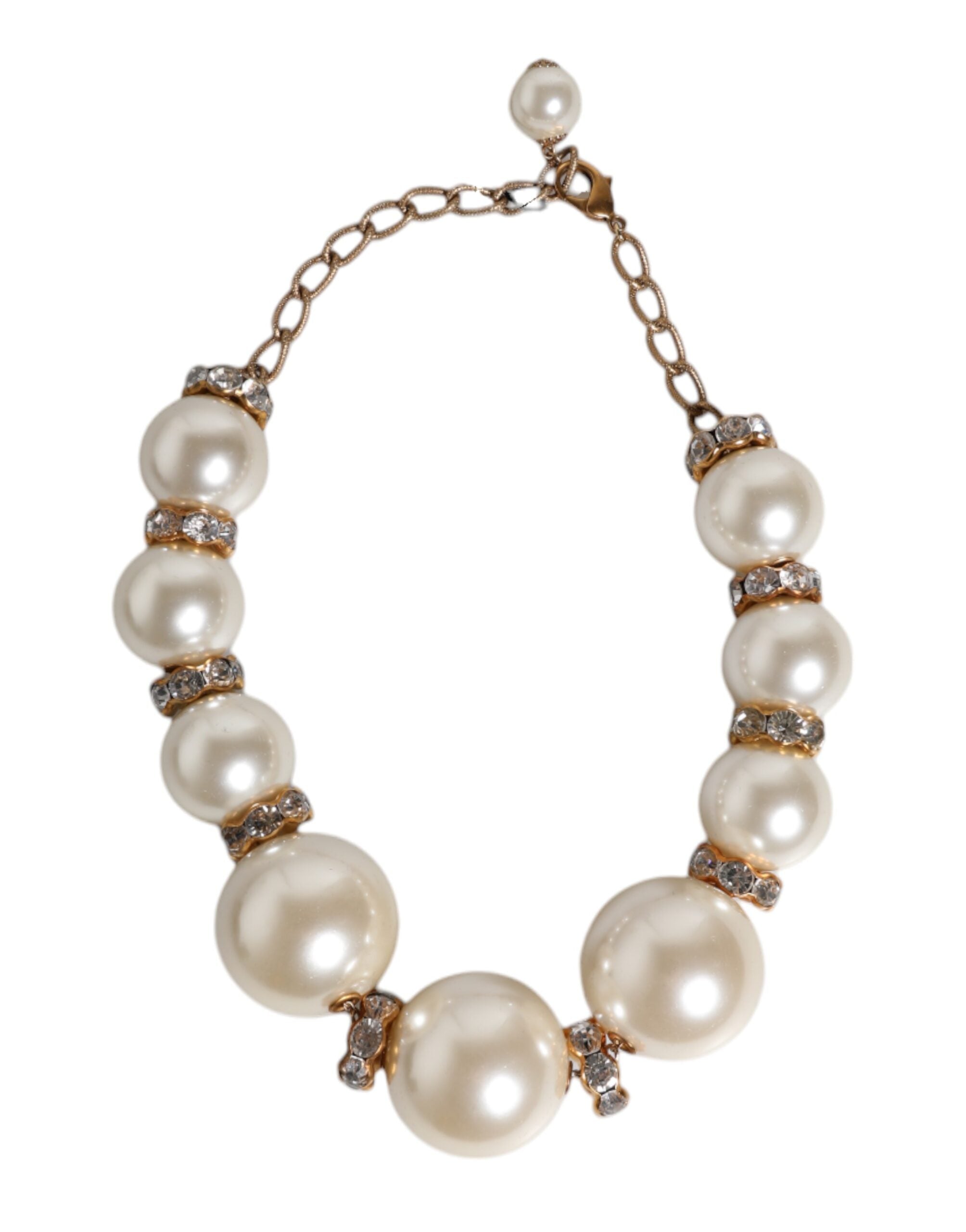 Dolce & Gabbana White Maxi Faux Pearl Beads Crystals Gold Chain Necklace LUNESCAPE