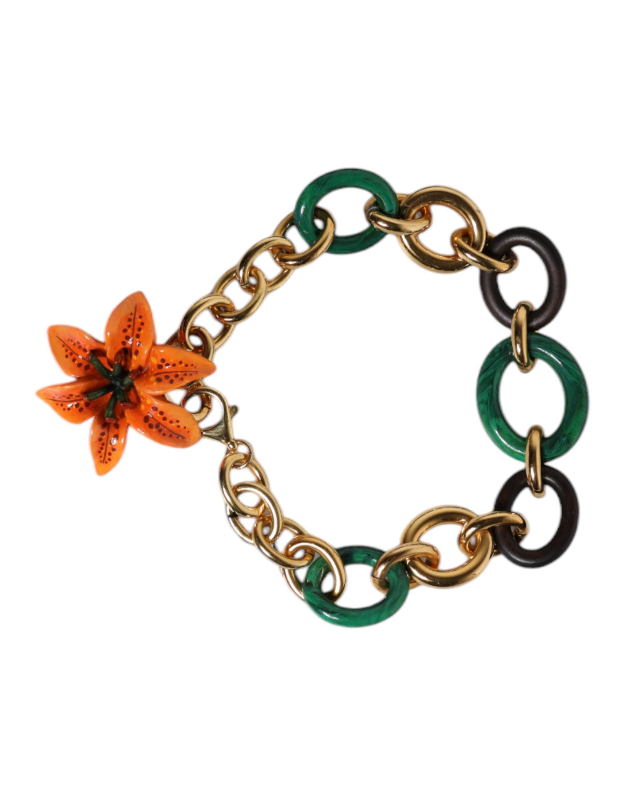 Dolce & Gabbana Multicolor Gold Brass Orange Lily Floral Chain Necklace LUNESCAPE