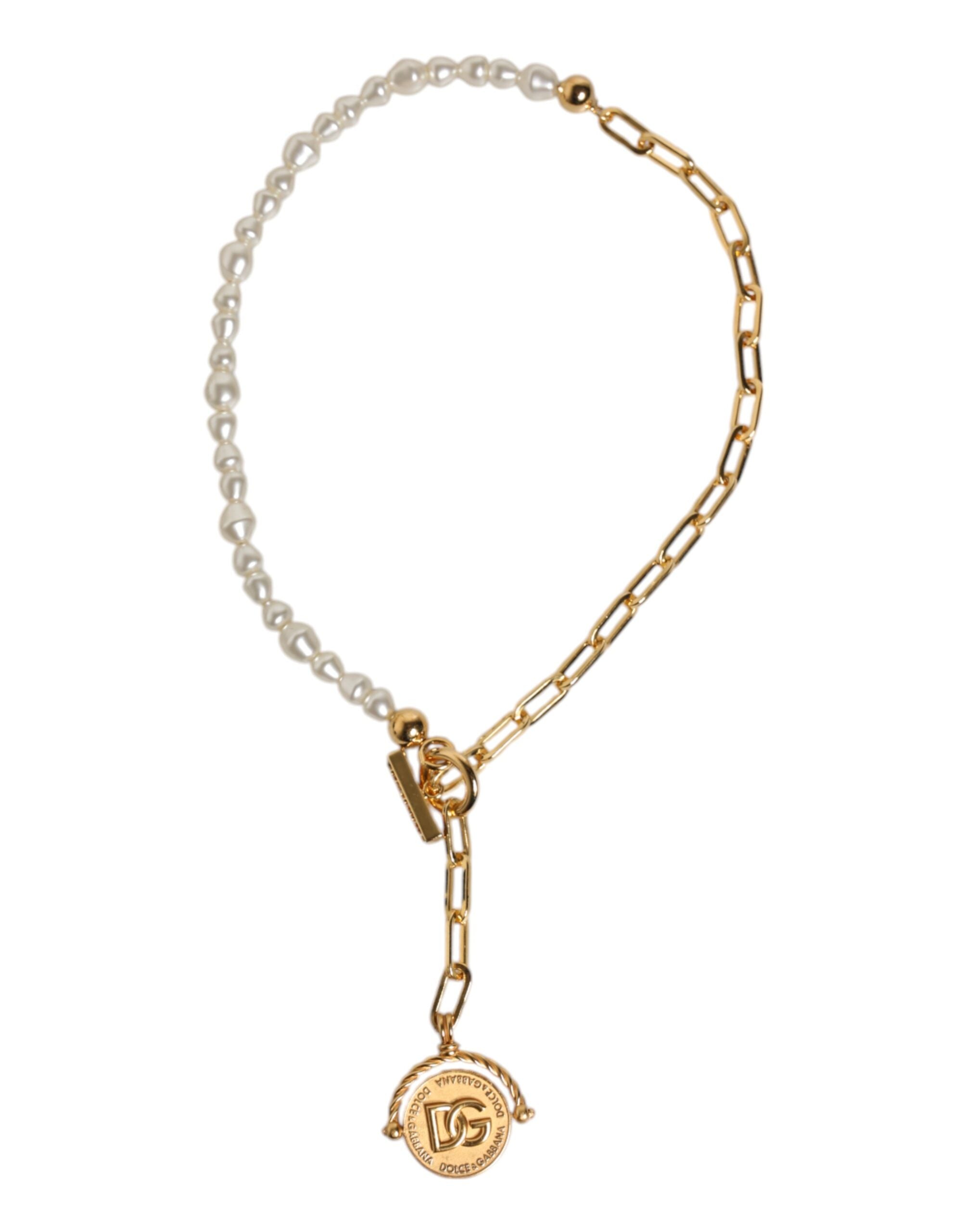 Dolce & Gabbana Gold Chain Brass Faux Pearl Charm Logo Pendant Necklace LUNESCAPE