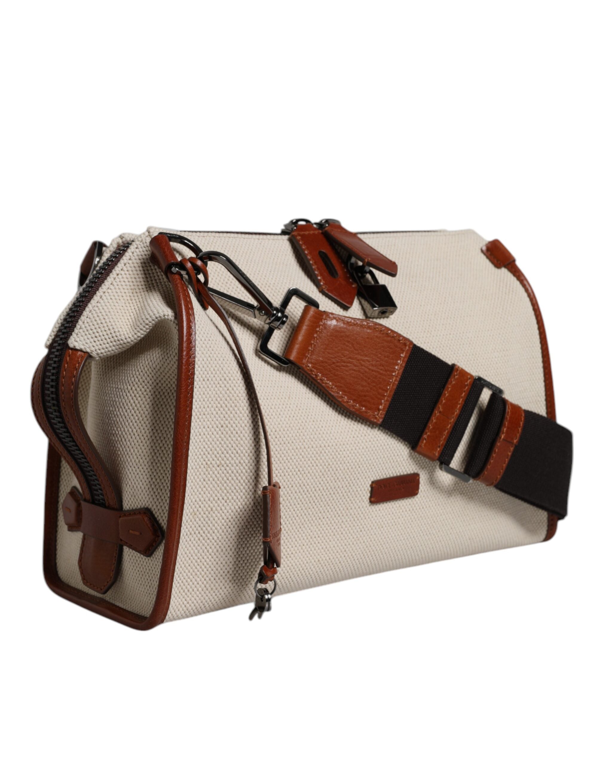Dolce & Gabbana Beige Cotton Leather Duffle Weekender Bag LUNESCAPE