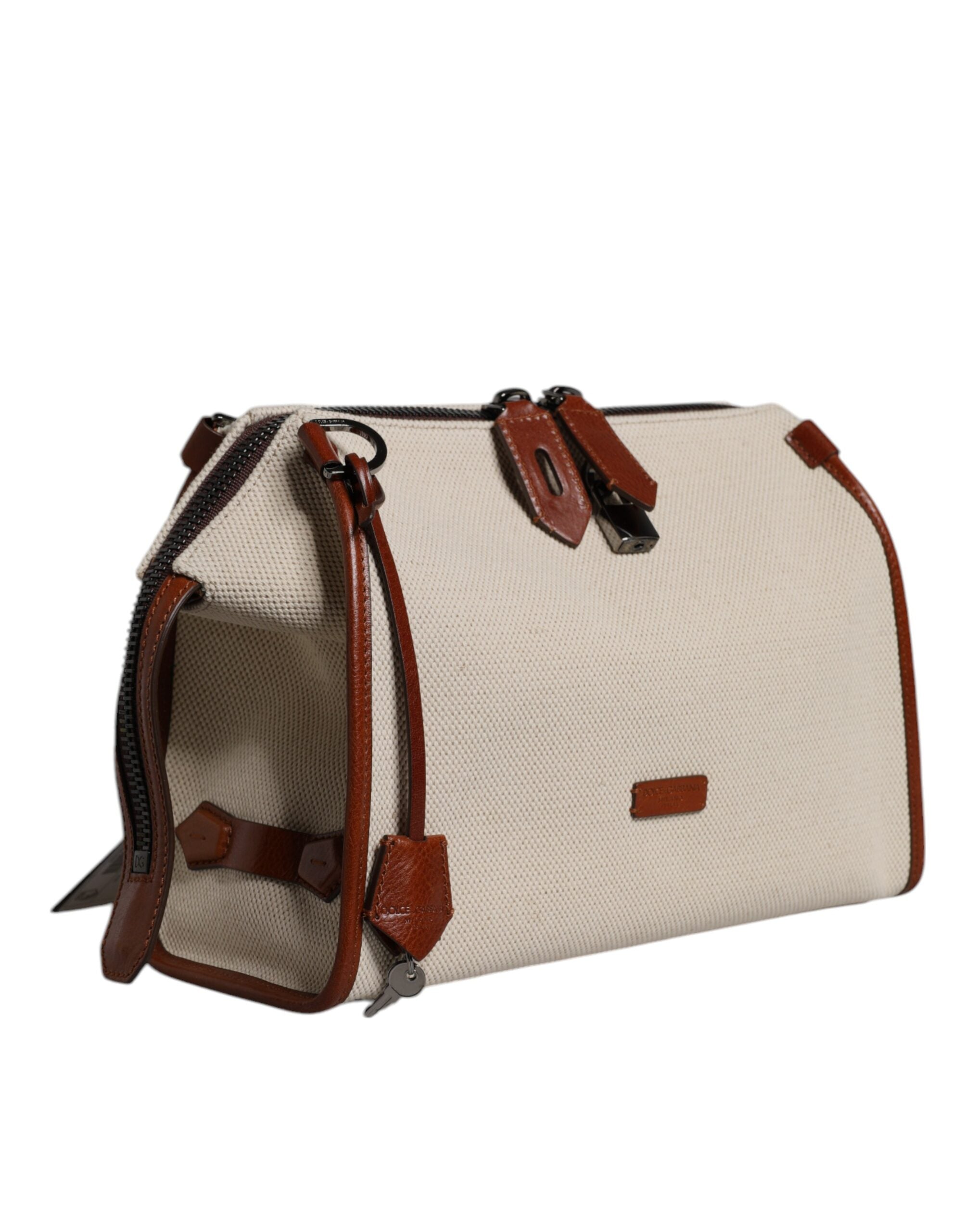 Dolce & Gabbana Ivory Cotton Leather Duffel Weekender Bag LUNESCAPE