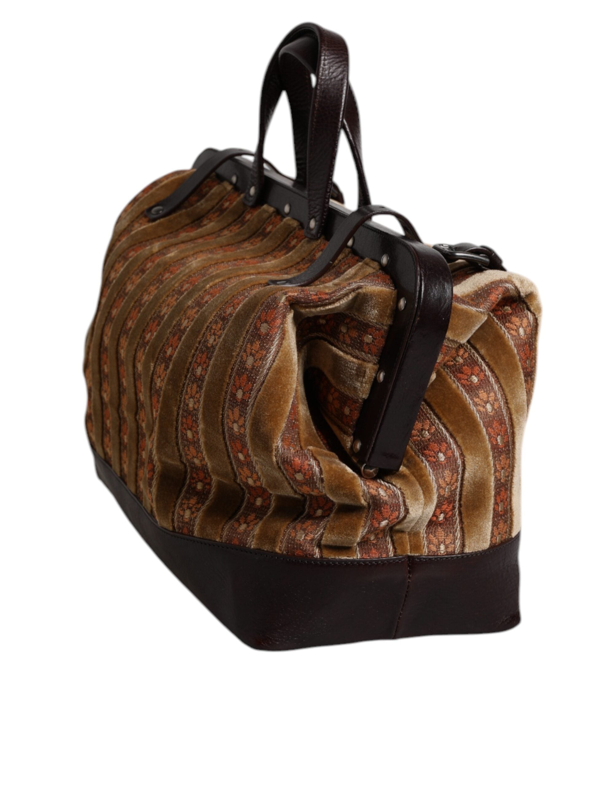 Dolce & Gabbana Beige Maroon Velvet Leather Jacquard Travel Handbag Bag LUNESCAPE