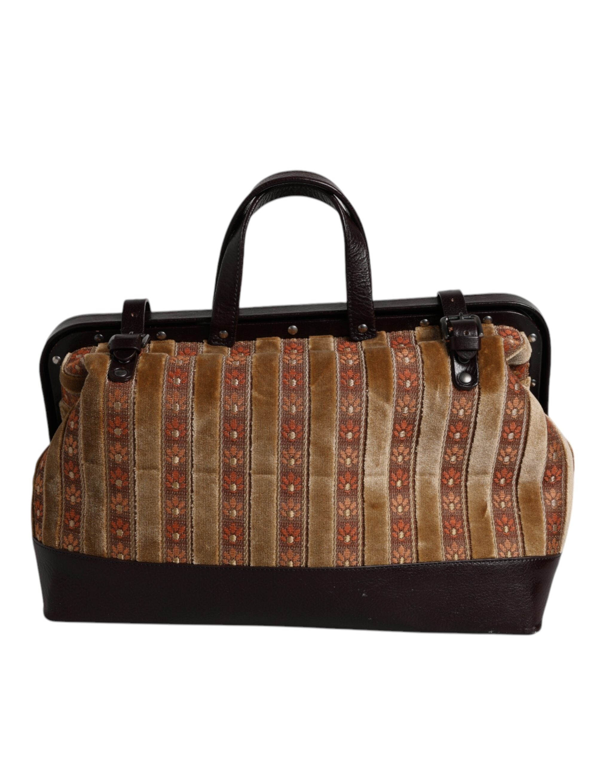 Dolce & Gabbana Beige Maroon Velvet Leather Jacquard Travel Handbag Bag LUNESCAPE