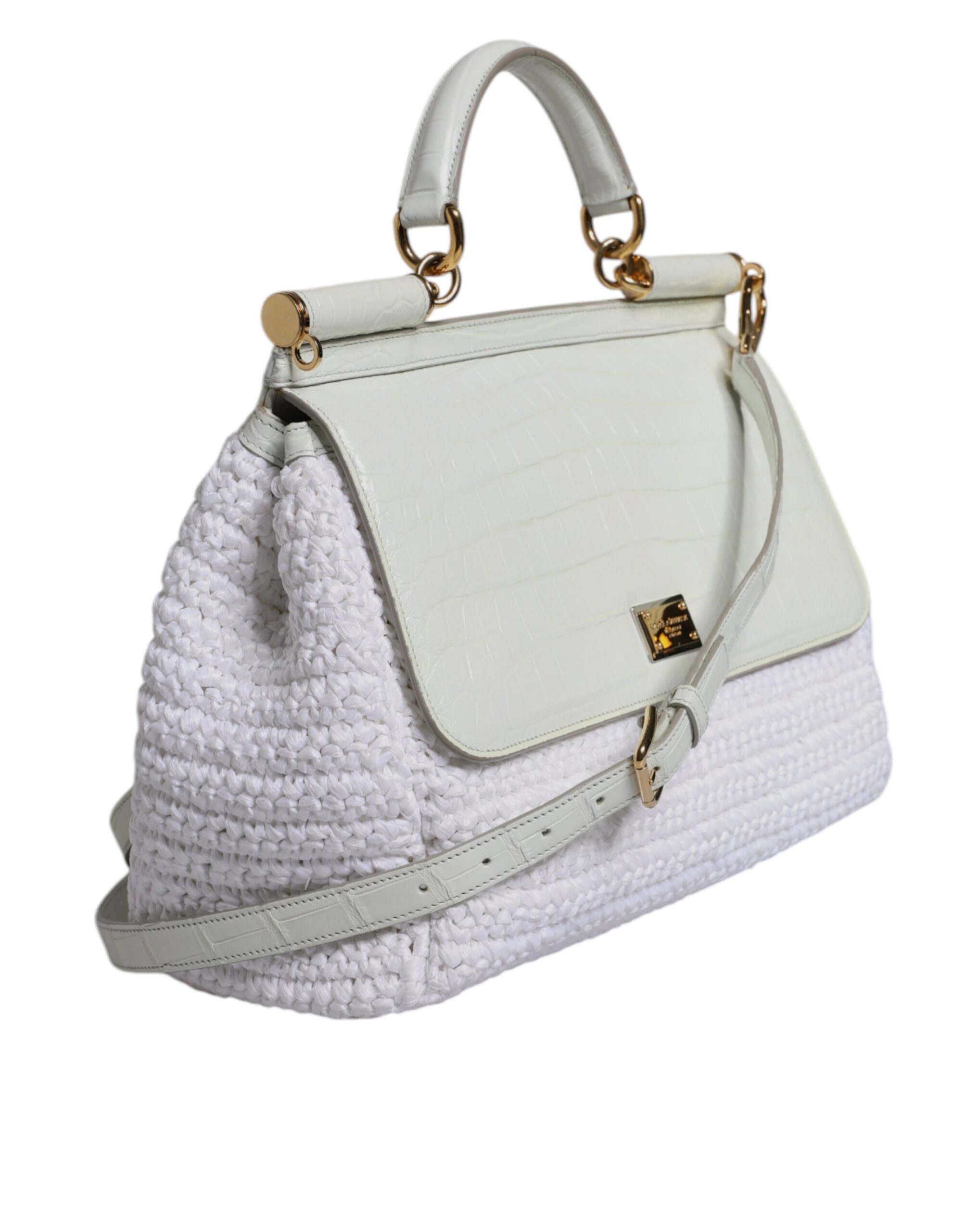 Dolce & Gabbana White Rafia Leather Top Handle Crossbody Bag LUNESCAPE