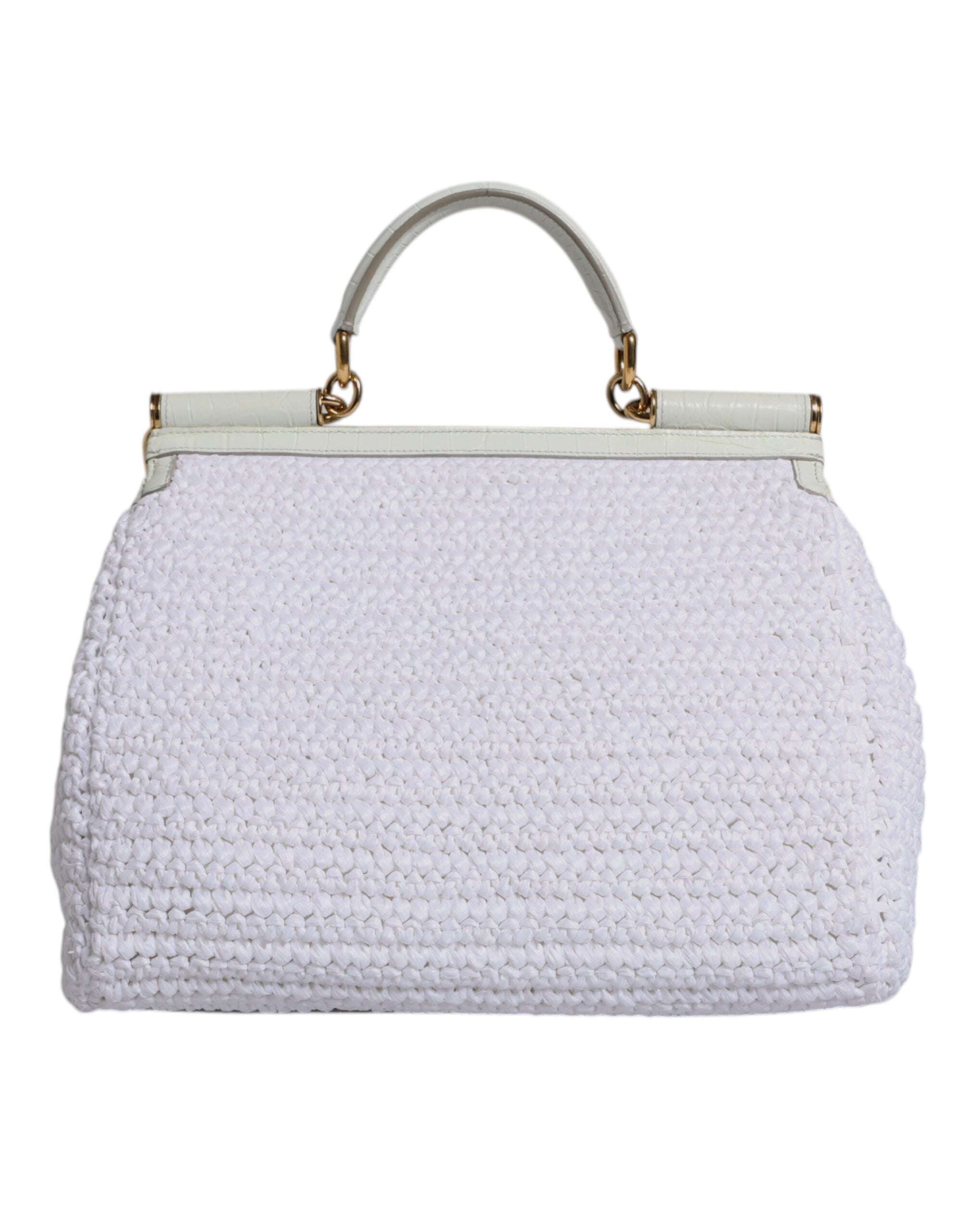 Dolce & Gabbana White Rafia Leather Top Handle Crossbody Bag LUNESCAPE