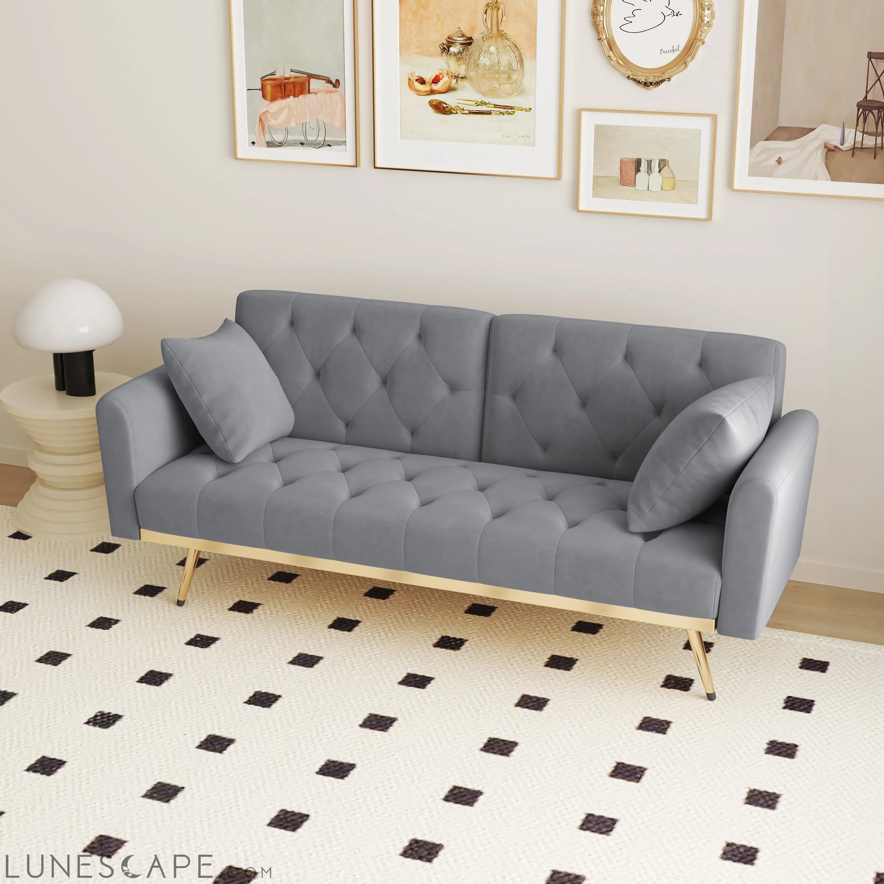 68.3" Gray velvet nail head sofa bed with throw pillow and midfoot LUNESCAPE