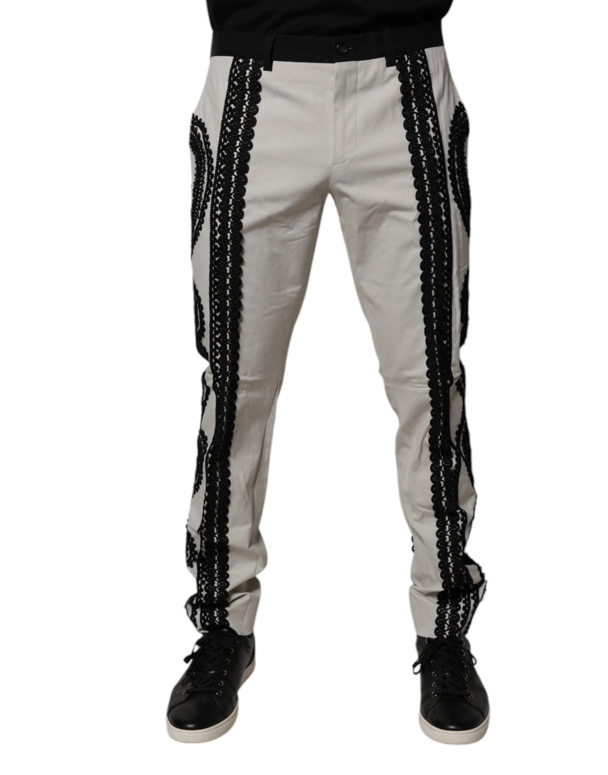 Dolce & Gabbana White Lace Trim Mid Waist Dress Formal Pants LUNESCAPE