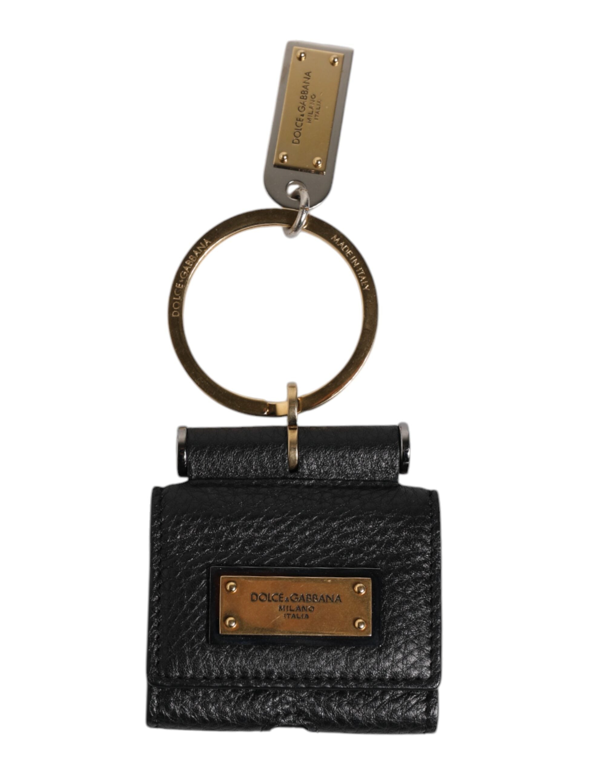 Dolce & Gabbana Black Leather Strap Gold Metal Logo Plaque Airpods Case LUNESCAPE