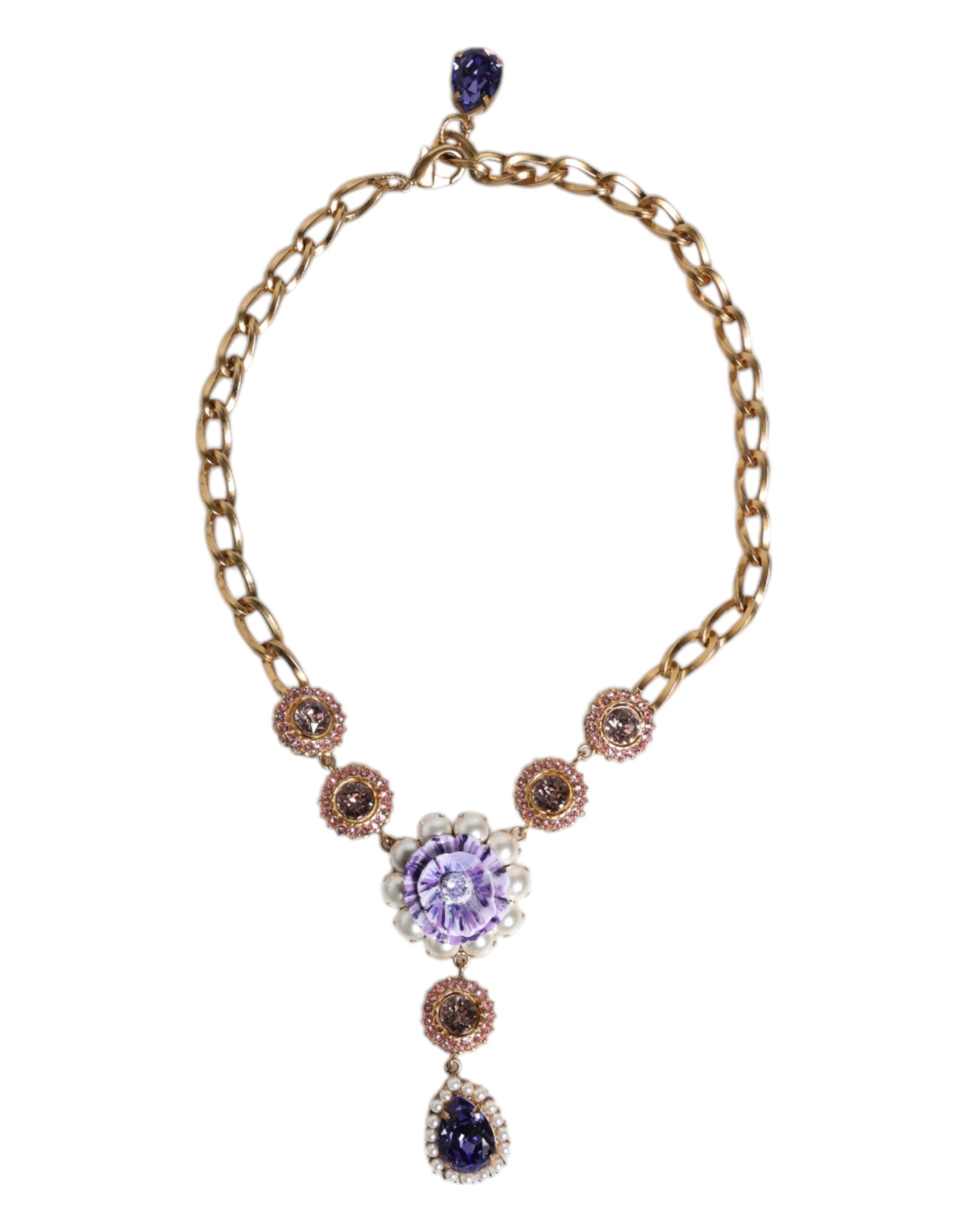 Dolce & Gabbana Gold Brass Floral Crystals Pearl Embellished Necklace LUNESCAPE