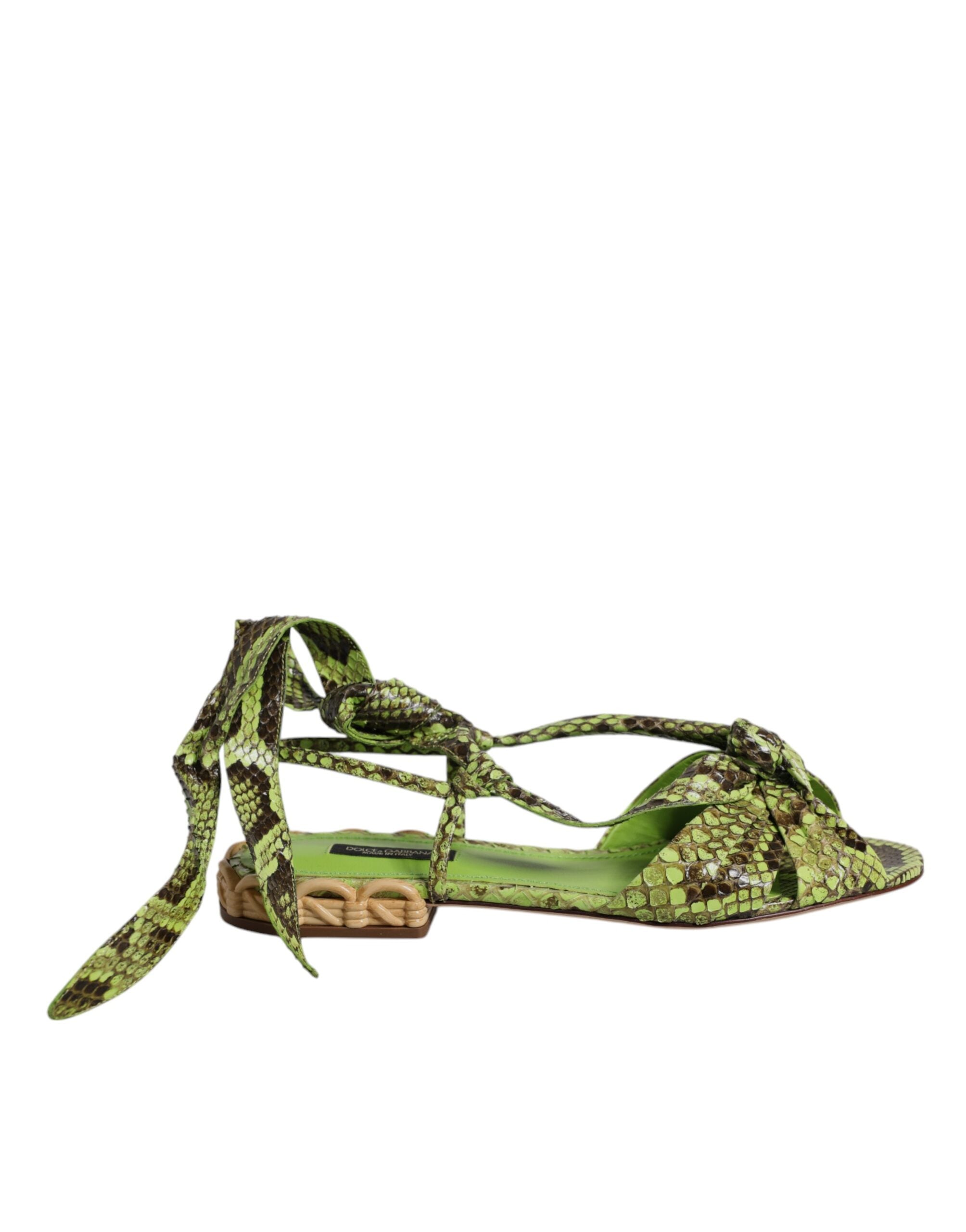 Dolce & Gabbana Green Snake Print Ankle Wrap Flat Sandals LUNESCAPE