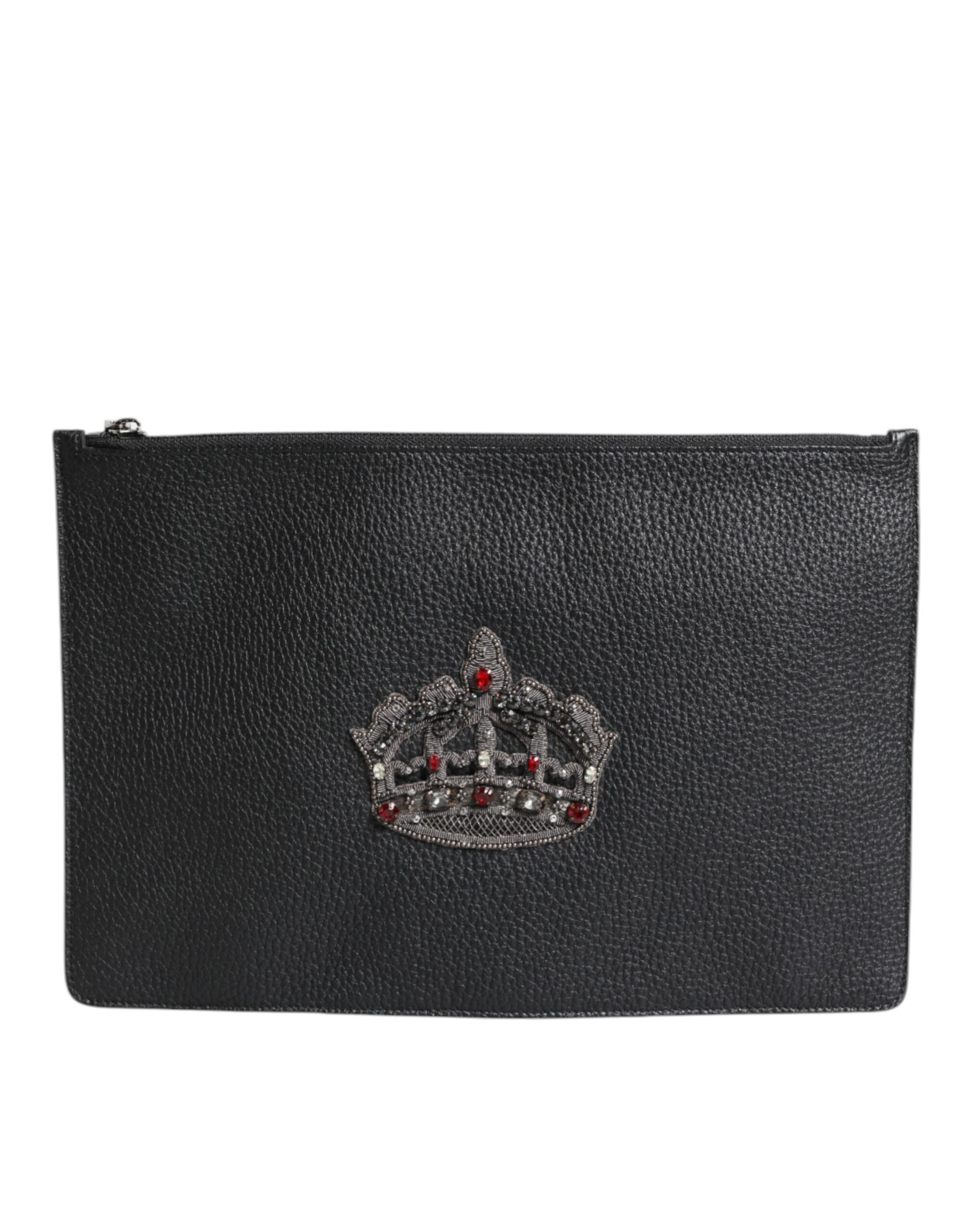 Dolce & Gabbana Black Calfskin Crown Embellished Clutch Bag LUNESCAPE