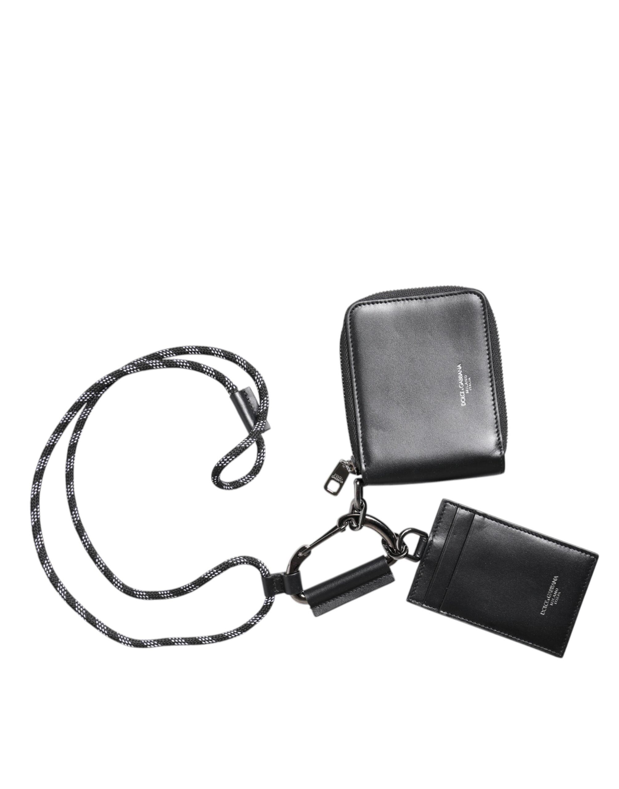 Dolce & Gabbana Black Leather Lanyard Zip Around Card Holder LUNESCAPE
