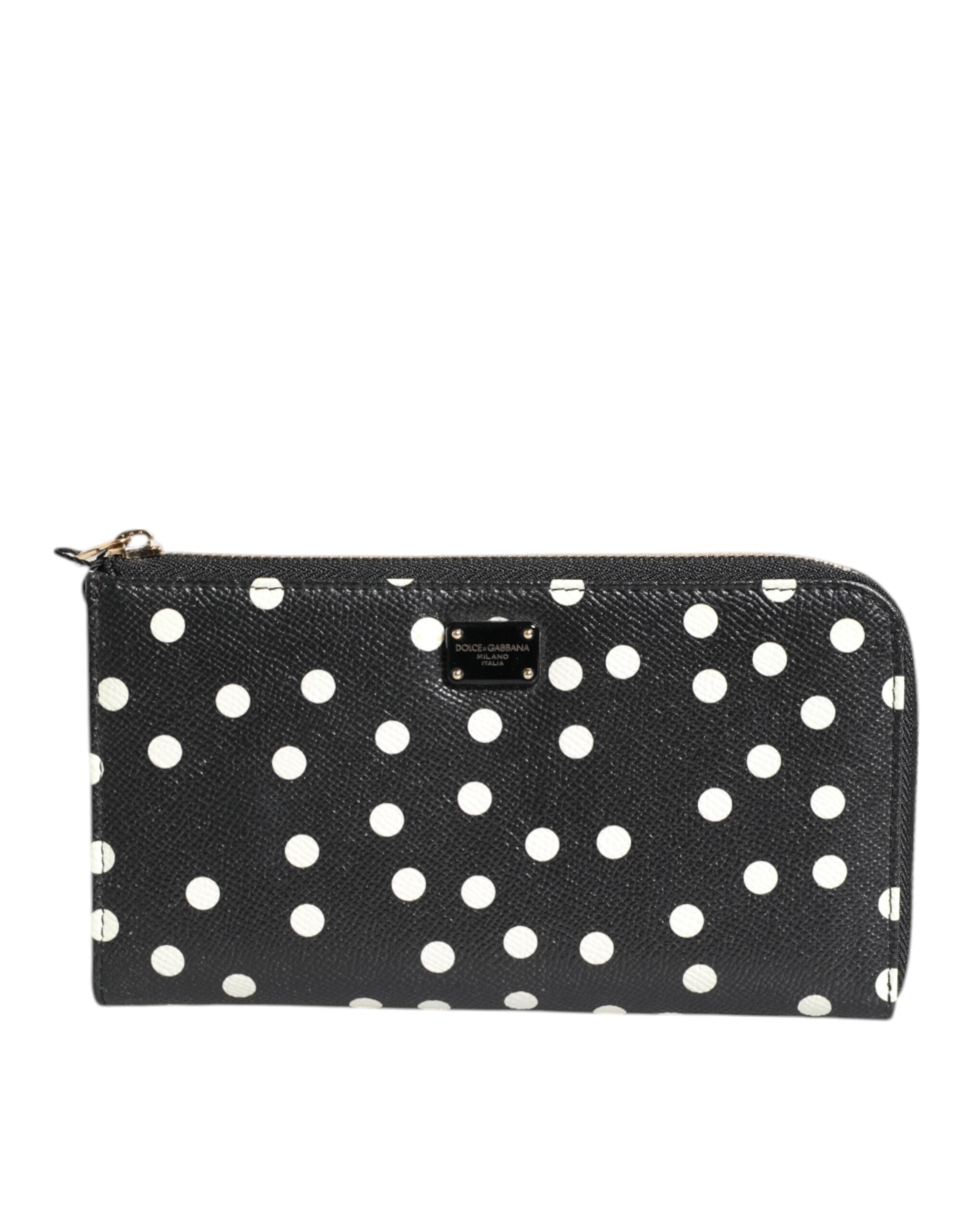 Dolce & Gabbana Black White Dotted Leather Zip Around Continental Wallet LUNESCAPE