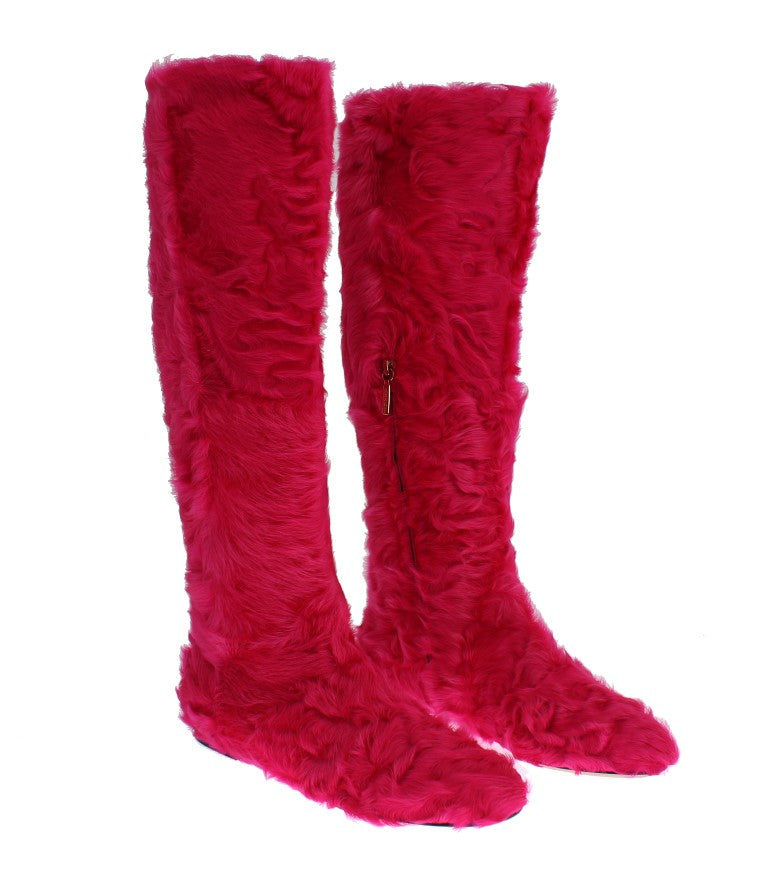 Dolce & Gabbana Pink Lamb Fur Leather Flat Boots LUNESCAPE